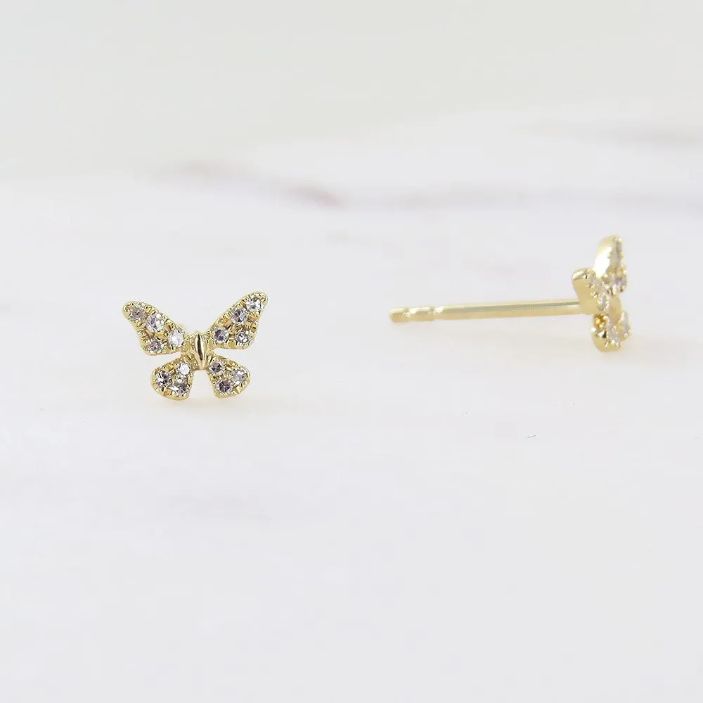 14k Yellow Gold Diamond Butterfly Post Earrings