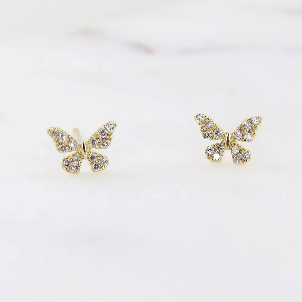 14k Yellow Gold Diamond Butterfly Post Earrings