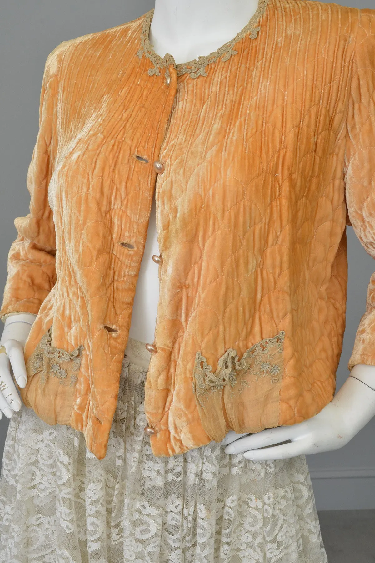 1930s Apricot Quilted Silk Velvet Bed Jacket Shrug