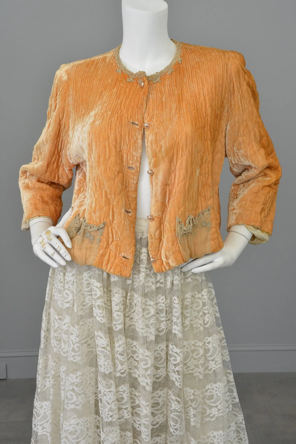 1930s Apricot Quilted Silk Velvet Bed Jacket Shrug