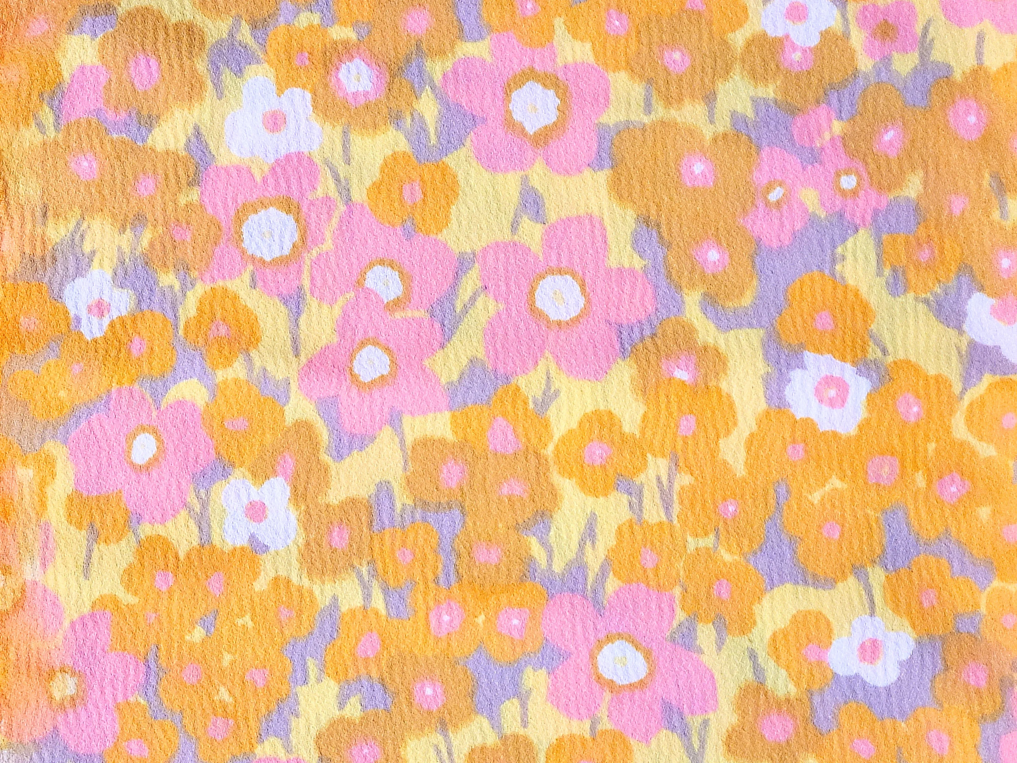 1960s 1970s Retro Fabric - Crepe Polyester - Floral - Yellow, Pink - Fabric Remnant - 6PCR50