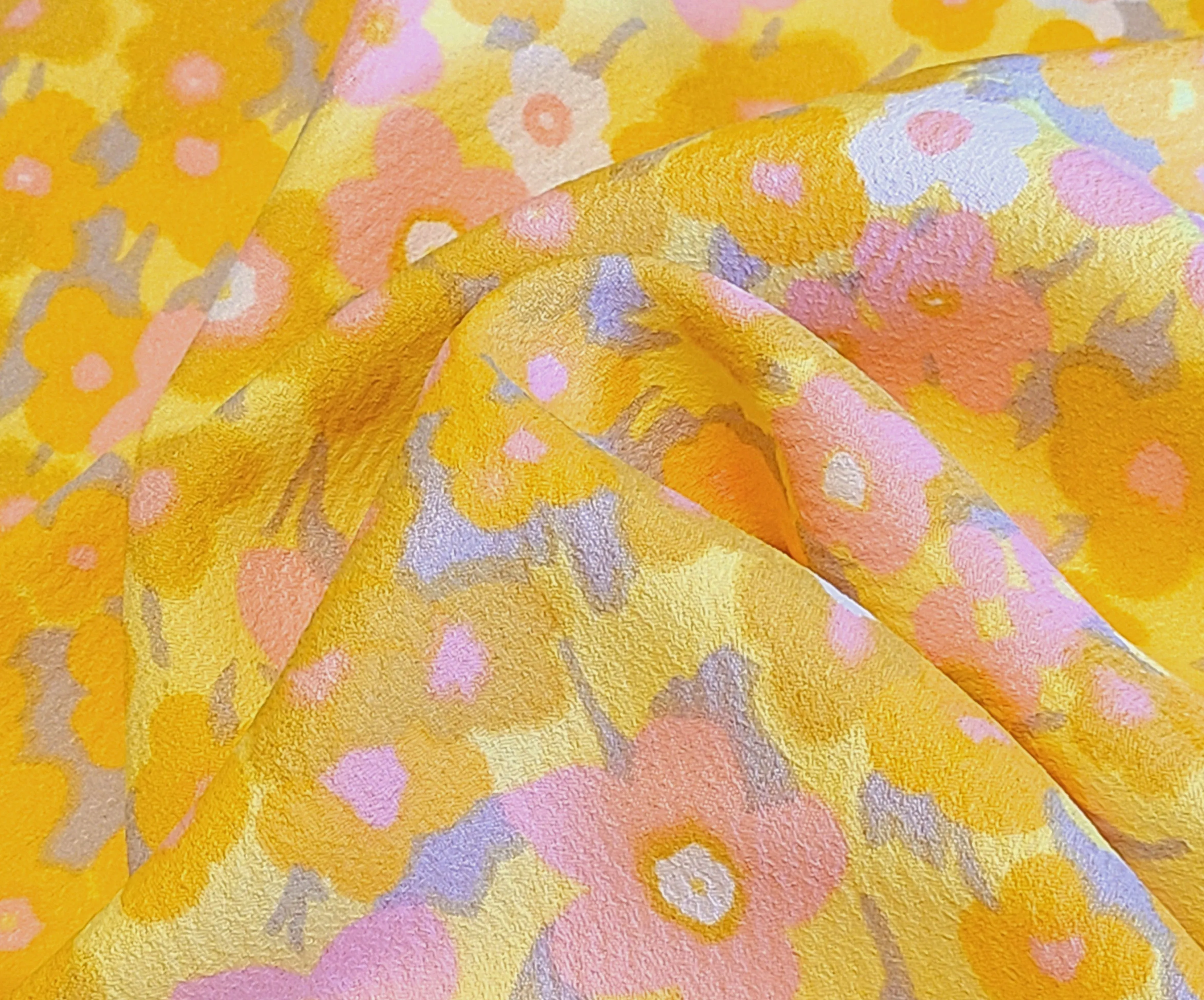 1960s 1970s Retro Fabric - Crepe Polyester - Floral - Yellow, Pink - Fabric Remnant - 6PCR50