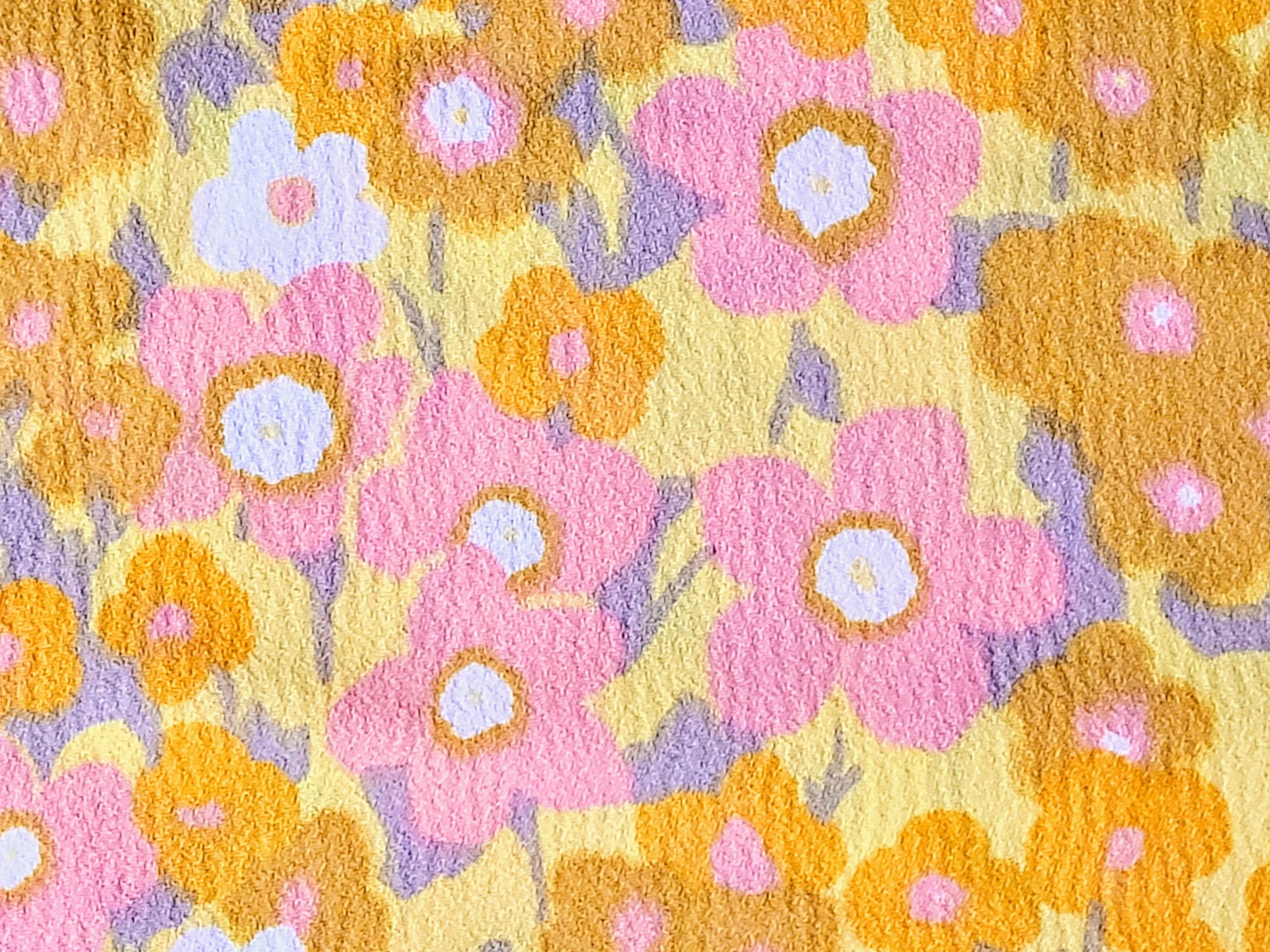 1960s 1970s Retro Fabric - Crepe Polyester - Floral - Yellow, Pink - Fabric Remnant - 6PCR50