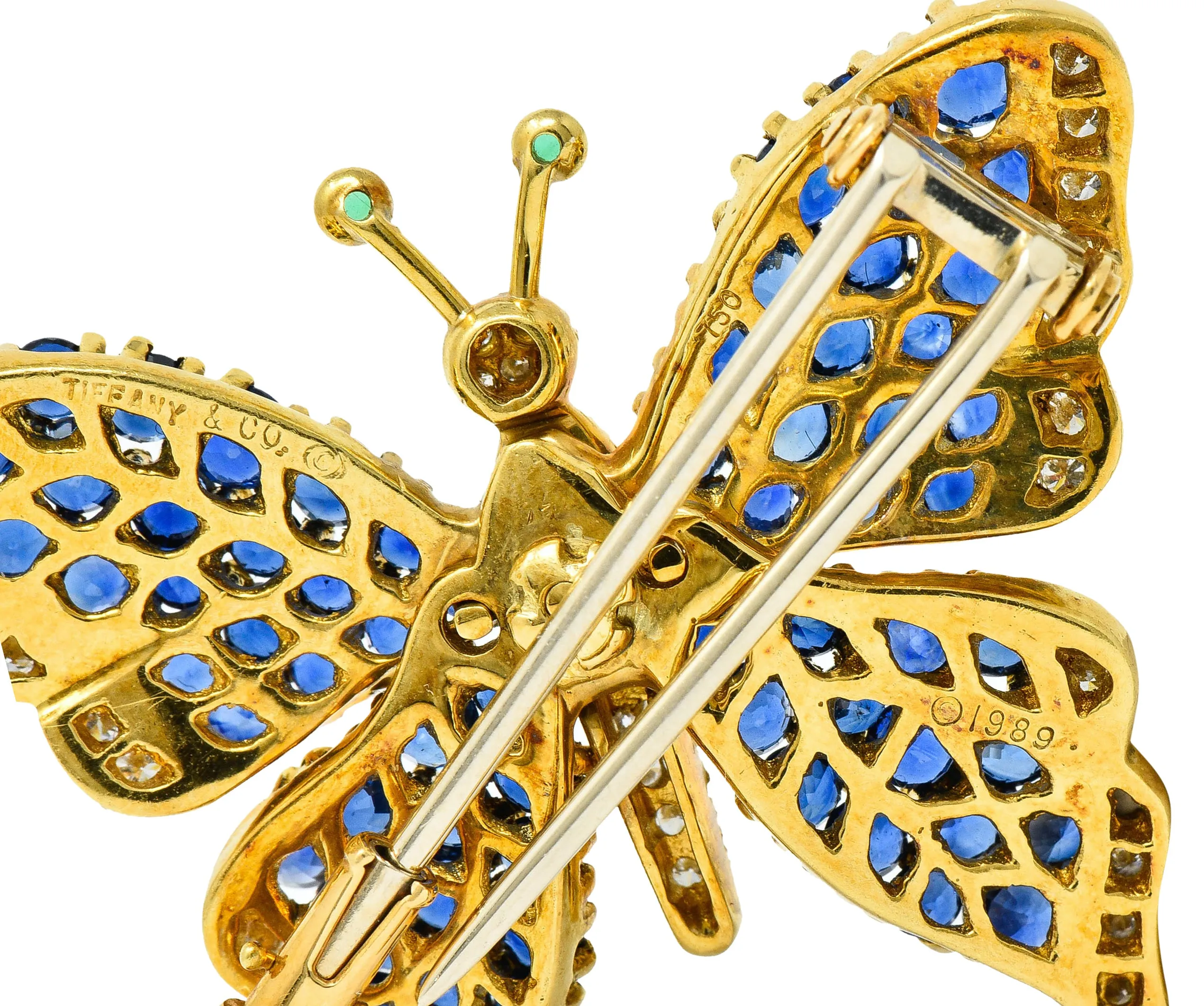 1989 Tiffany & Co. 4.22 CTW Sapphire Diamond Emerald 18 Karat Gold Butterfly Brooch