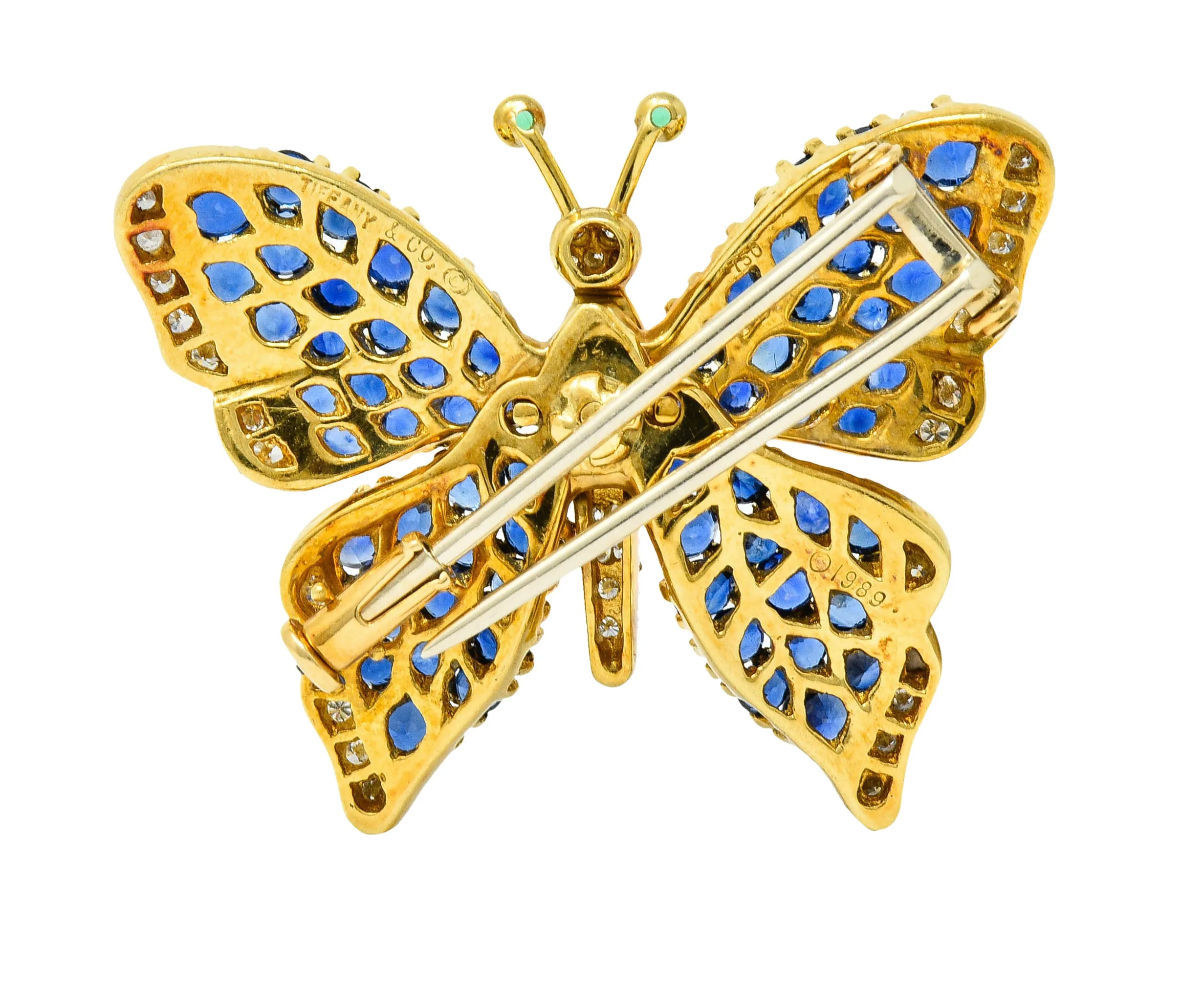 1989 Tiffany & Co. 4.22 CTW Sapphire Diamond Emerald 18 Karat Gold Butterfly Brooch