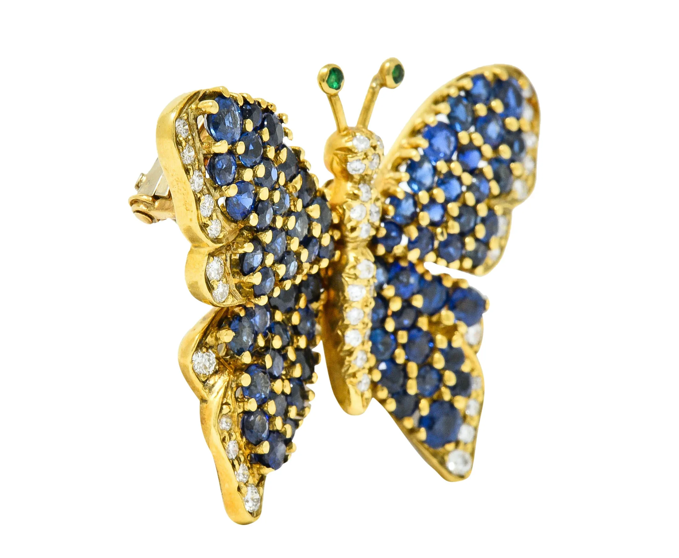 1989 Tiffany & Co. 4.22 CTW Sapphire Diamond Emerald 18 Karat Gold Butterfly Brooch