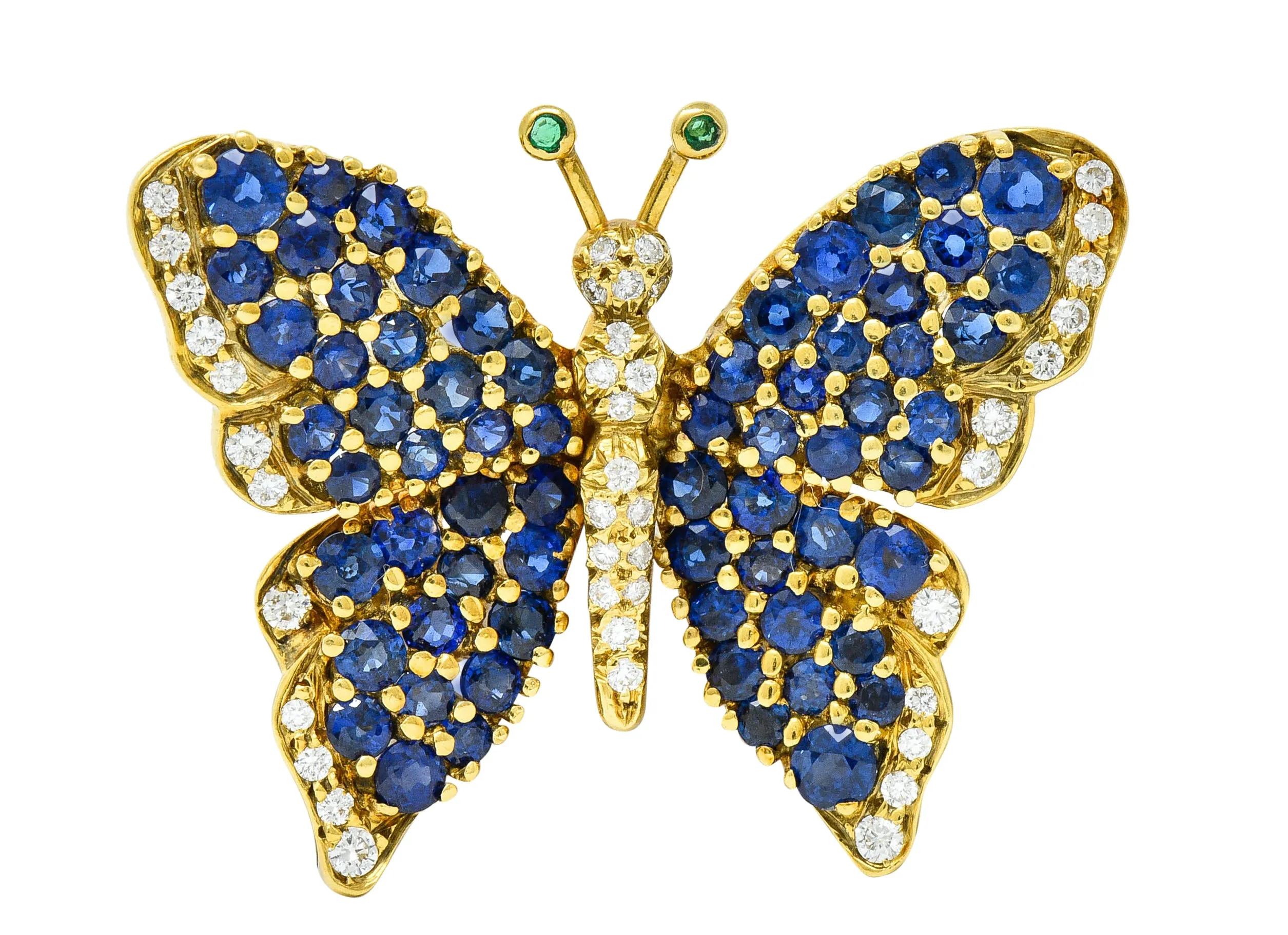 1989 Tiffany & Co. 4.22 CTW Sapphire Diamond Emerald 18 Karat Gold Butterfly Brooch