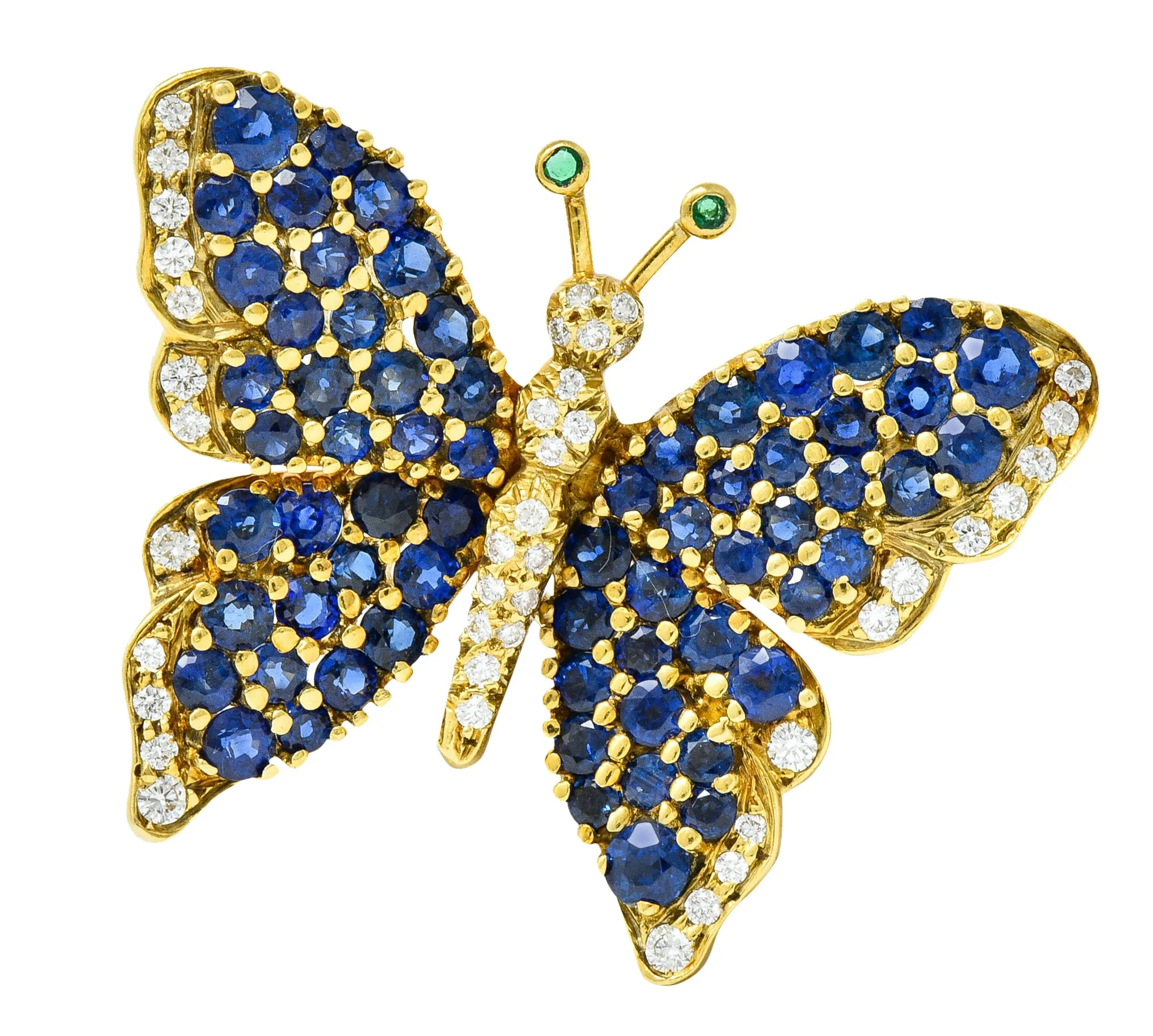 1989 Tiffany & Co. 4.22 CTW Sapphire Diamond Emerald 18 Karat Gold Butterfly Brooch