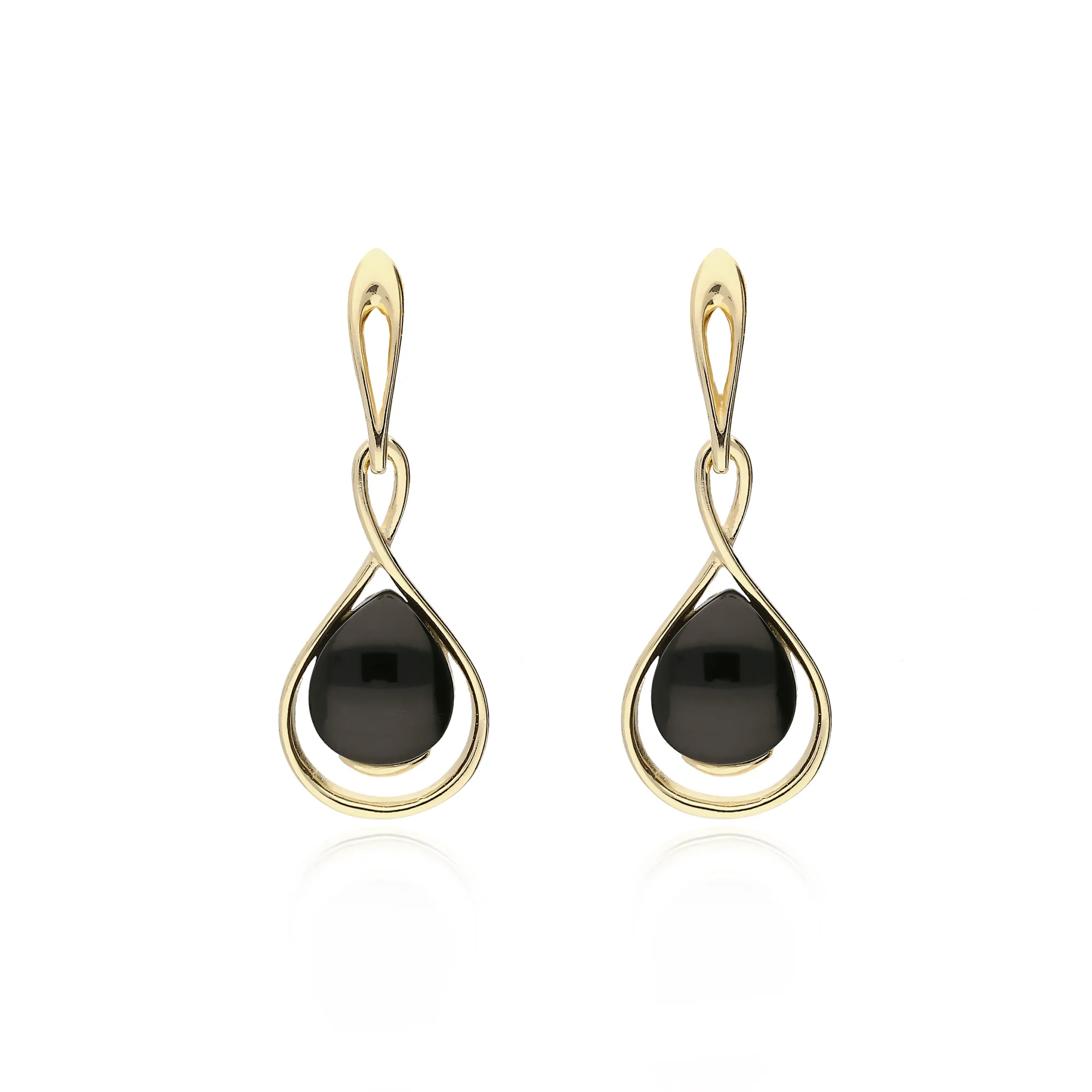 9ct Yellow Gold Whitby Jet Twist Drop Earrings