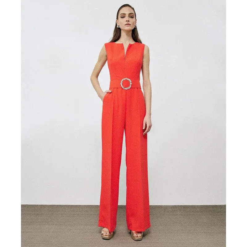 Access Orange Sleeveless Jumpsuit With Zipper At Neckline