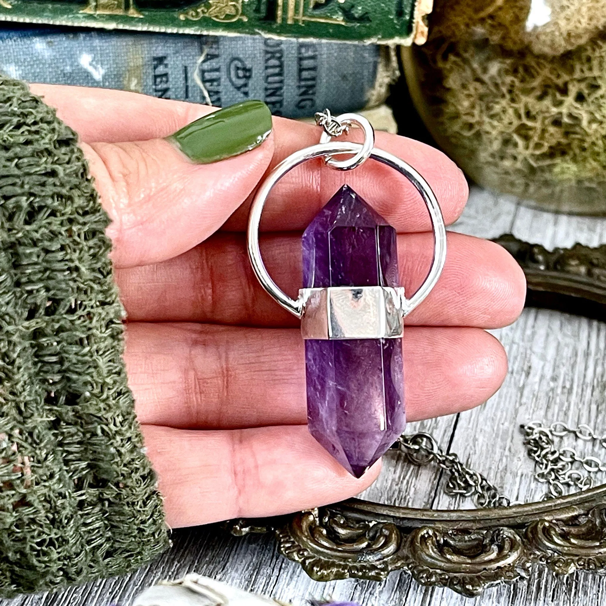 Amethyst Crystal Point Necklace in Sterling Silver, Purple Necklace  -Designed by FOXLARK Collection