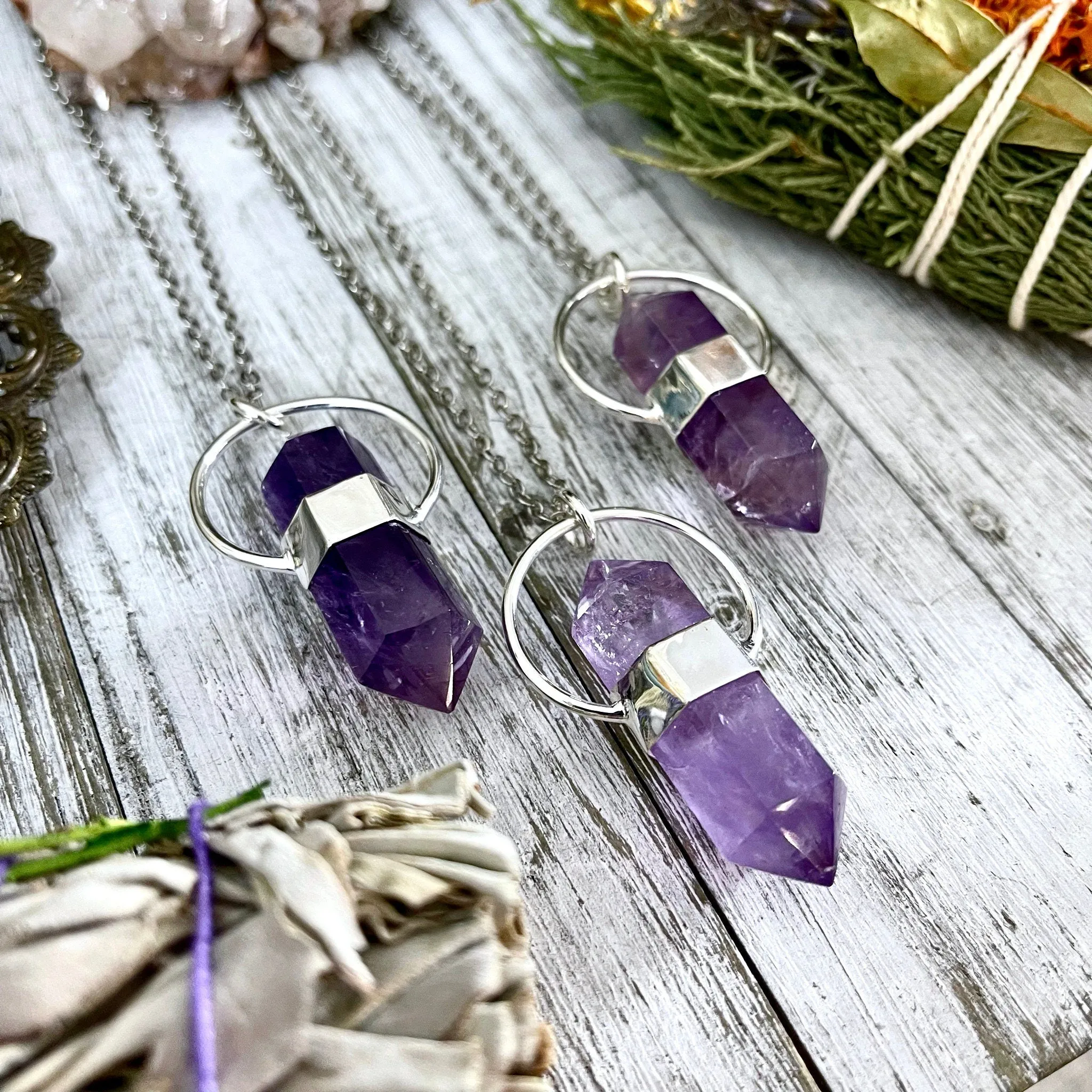 Amethyst Crystal Point Necklace in Sterling Silver, Purple Necklace  -Designed by FOXLARK Collection