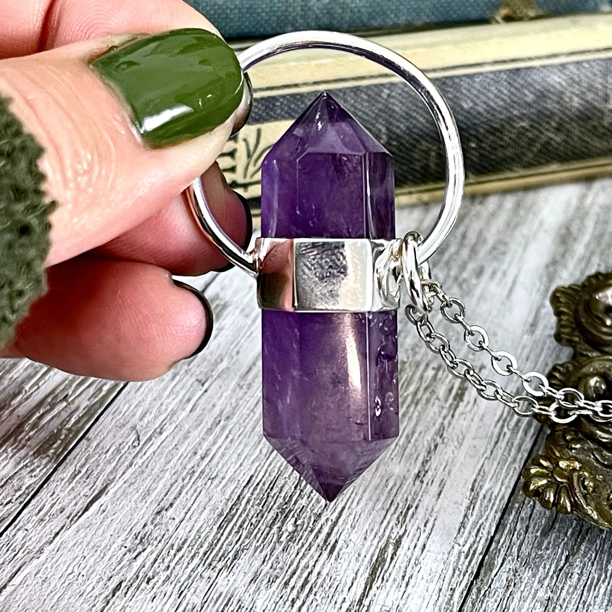 Amethyst Crystal Point Necklace in Sterling Silver, Purple Necklace  -Designed by FOXLARK Collection