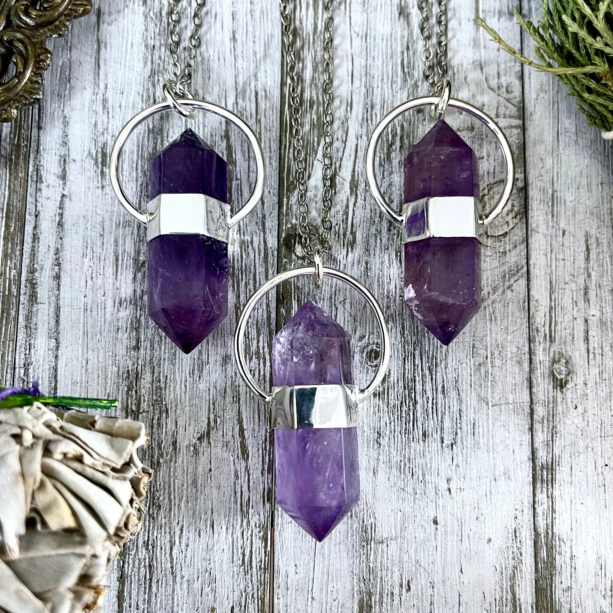 Amethyst Crystal Point Necklace in Sterling Silver, Purple Necklace  -Designed by FOXLARK Collection