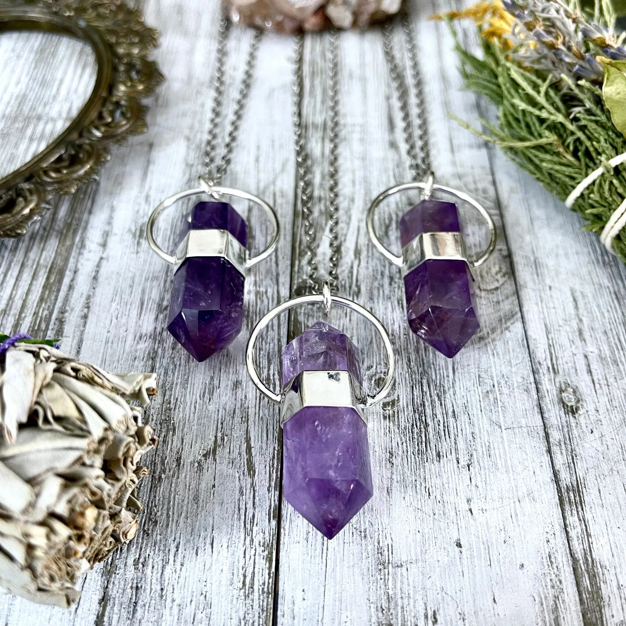 Amethyst Crystal Point Necklace in Sterling Silver, Purple Necklace  -Designed by FOXLARK Collection