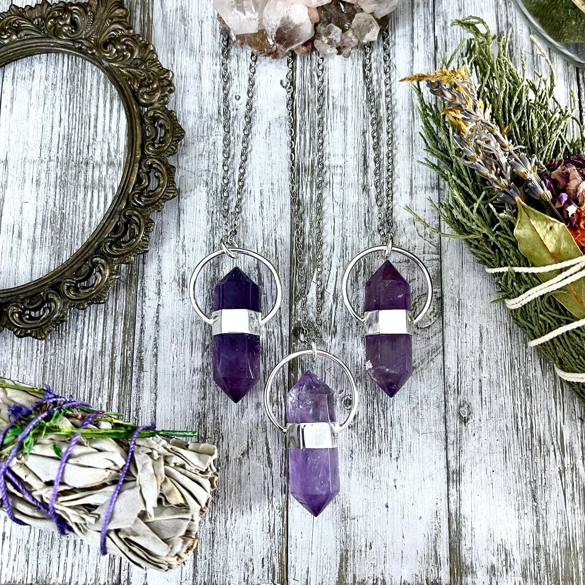 Amethyst Crystal Point Necklace in Sterling Silver, Purple Necklace  -Designed by FOXLARK Collection