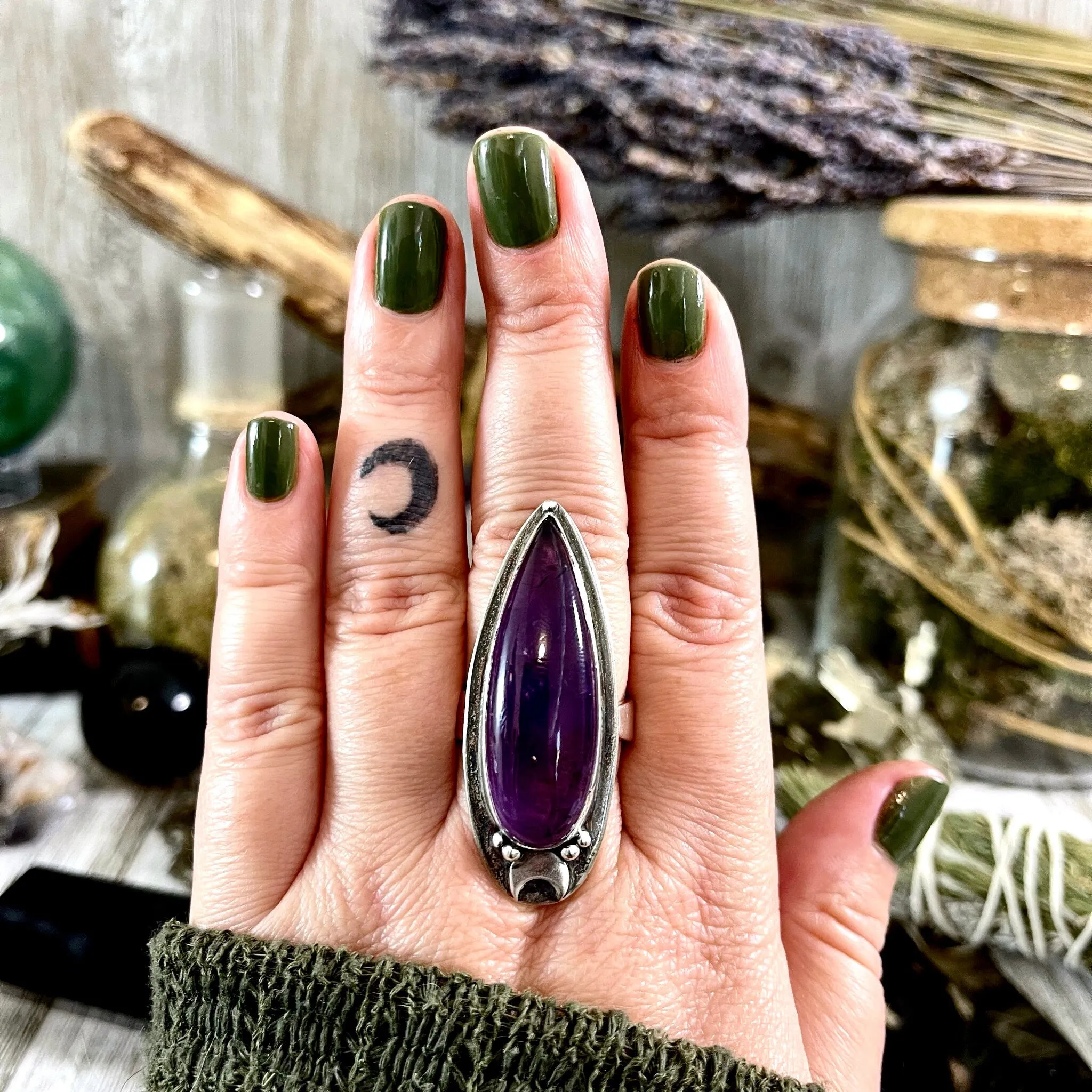 Amethyst Crystal Ring in Sterling Silver, Magic Moon Ring Purple - Designed by FOXLARK Collection Adjustable to Size 6 7 8 9 10 / Crystal Witchy Jewelry