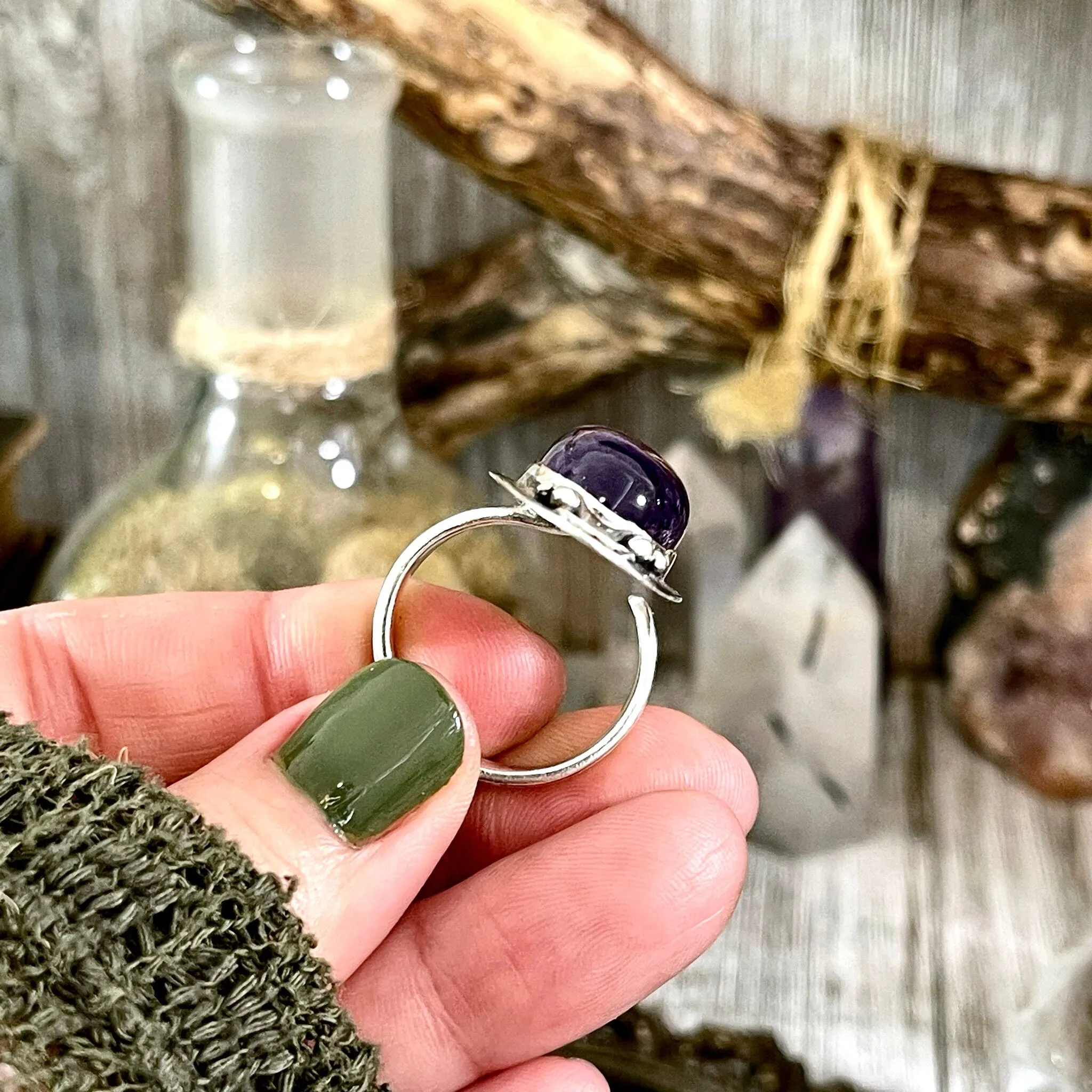 Amethyst Crystal Ring in Sterling Silver, Magic Moon Ring Purple - Designed by FOXLARK Collection Adjustable to Size 6 7 8 9 10 / Crystal Witchy Jewelry