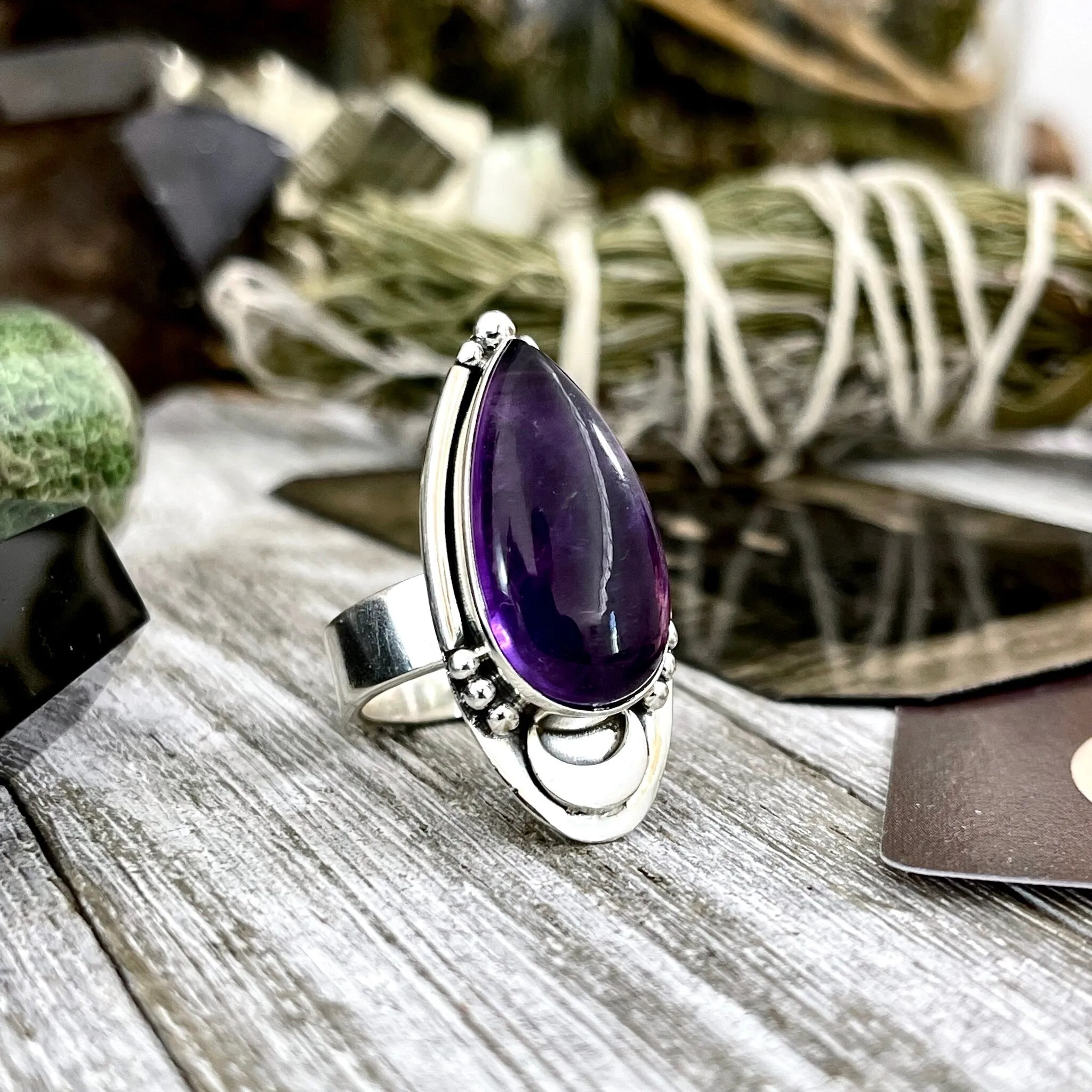 Amethyst Ring in Sterling Silver Midnight Moon Purple Crystal Ring - Designed by FOXLARK Adjustable to Size 6 7 8 9