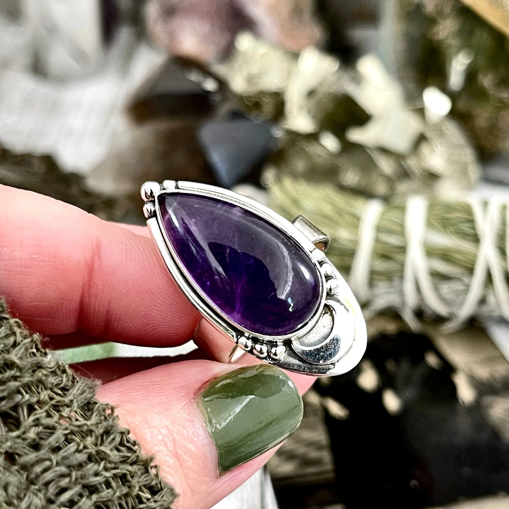 Amethyst Ring in Sterling Silver Midnight Moon Purple Crystal Ring - Designed by FOXLARK Adjustable to Size 6 7 8 9