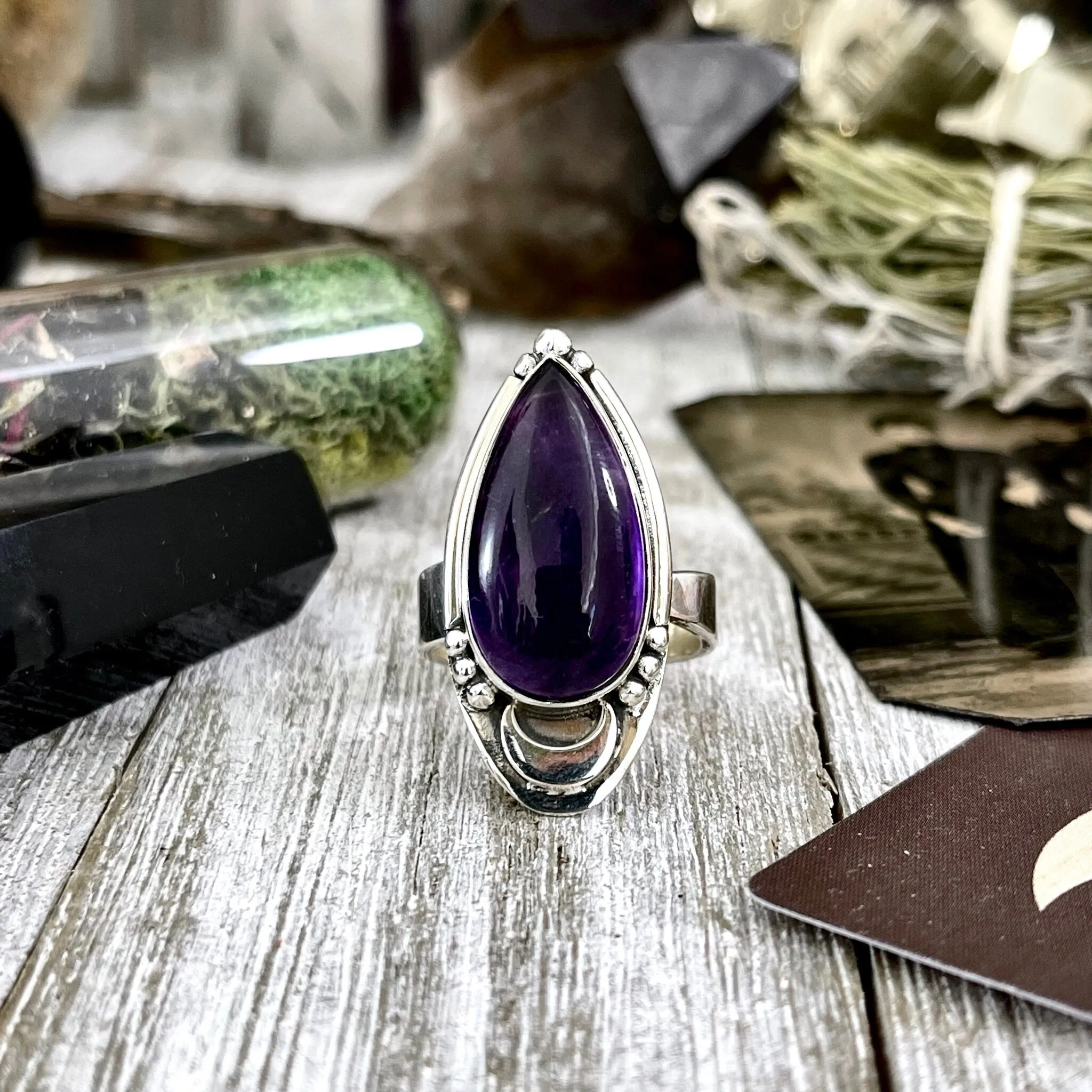 Amethyst Ring in Sterling Silver Midnight Moon Purple Crystal Ring - Designed by FOXLARK Adjustable to Size 6 7 8 9