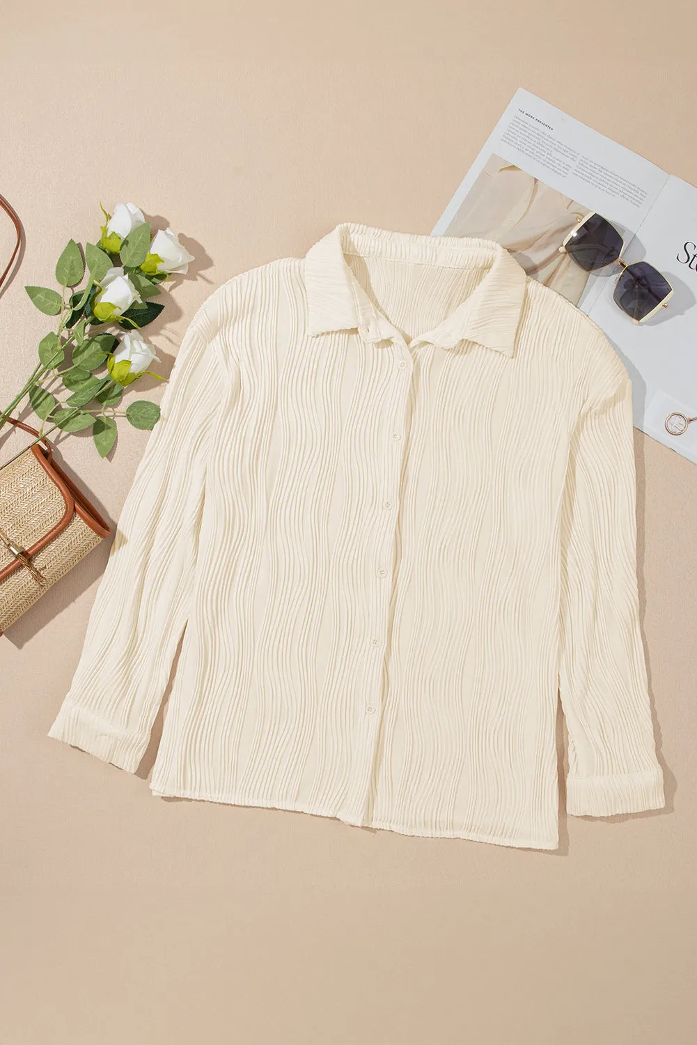 Apricot Solid Textured Buttoned Turn Down Collar Shirt