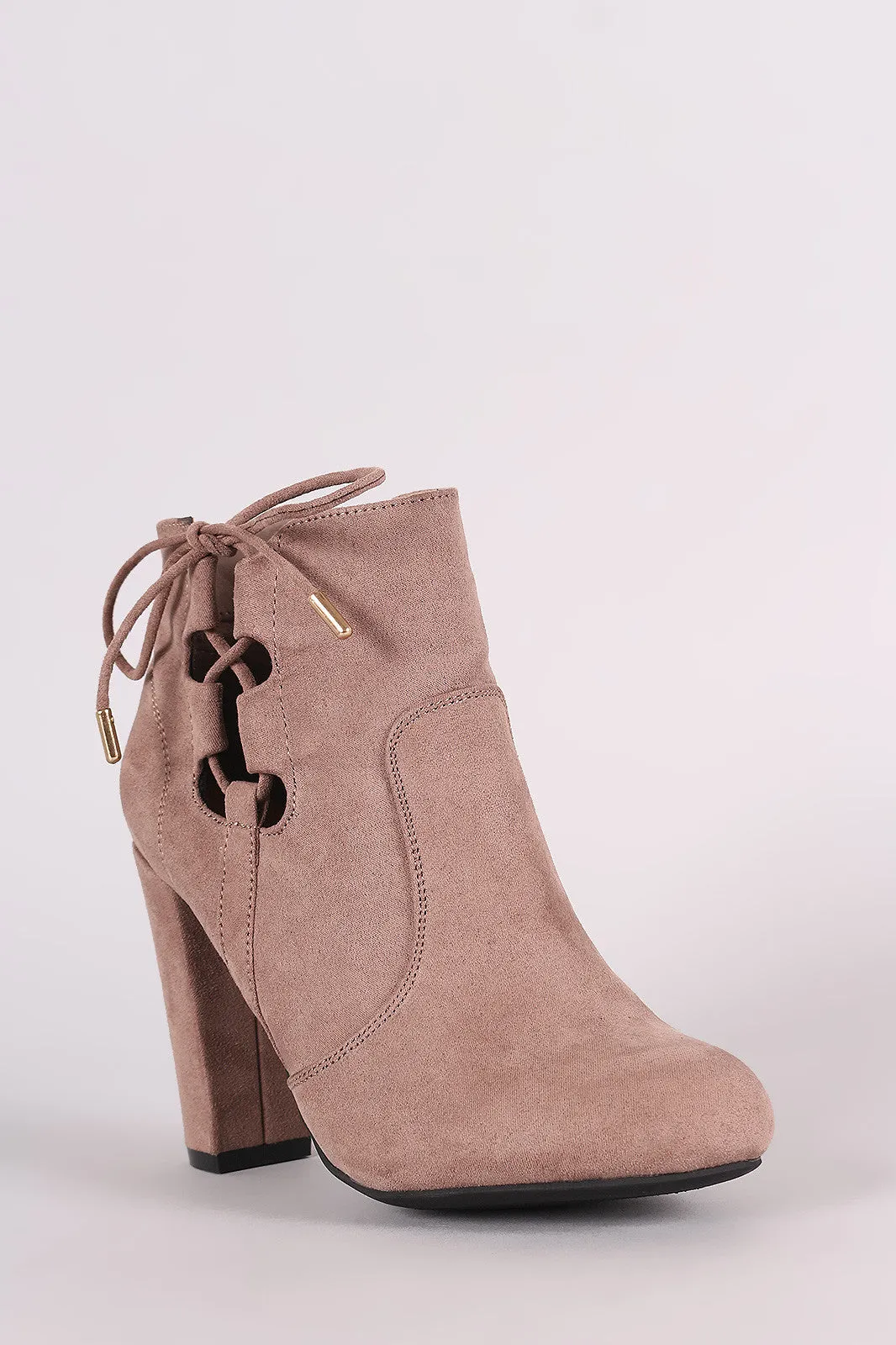 Bamboo Side Lace Up Round Toe Chunky Heel Booties