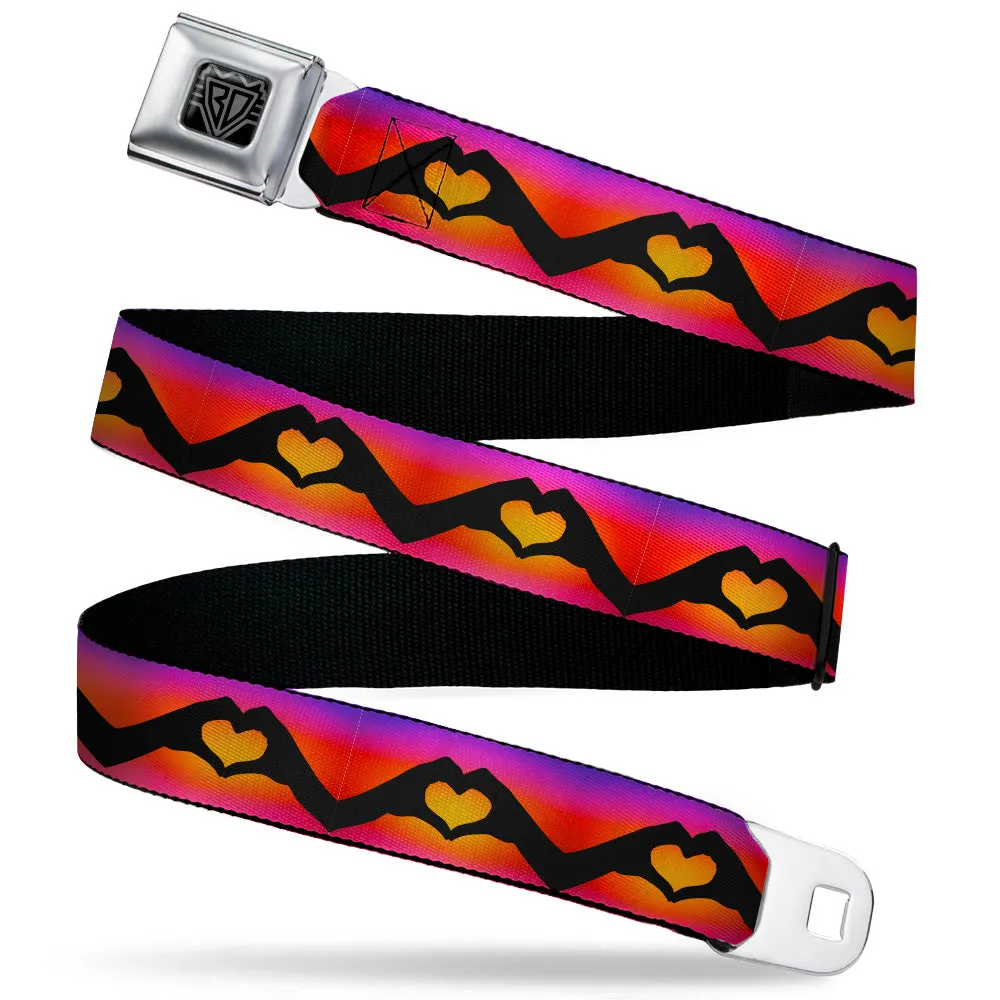 BD Wings Logo CLOSE-UP Black/Silver Seatbelt Belt - Hand Heart Silhouette Ombre Purples/Orange/Pinks Webbing