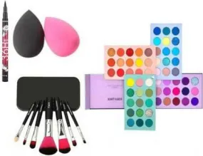 Bingeable HDA 60 Color Board Eye Shadow Palette Shimmer Matte and Glitter& 2 Pcs Puff& 7 Pcs Brush Set& 36H Eyeliner (Pack of 4)