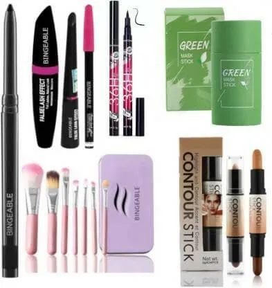 Bingeable Kajal& 3 In1 Waterproof Eyeliner, mascara, Kajal& 36H Eyeliner& 7 Pcs Brush(HK)& 2in1 Contour Stick& Green Tea Face Mask (6 Items in the set)