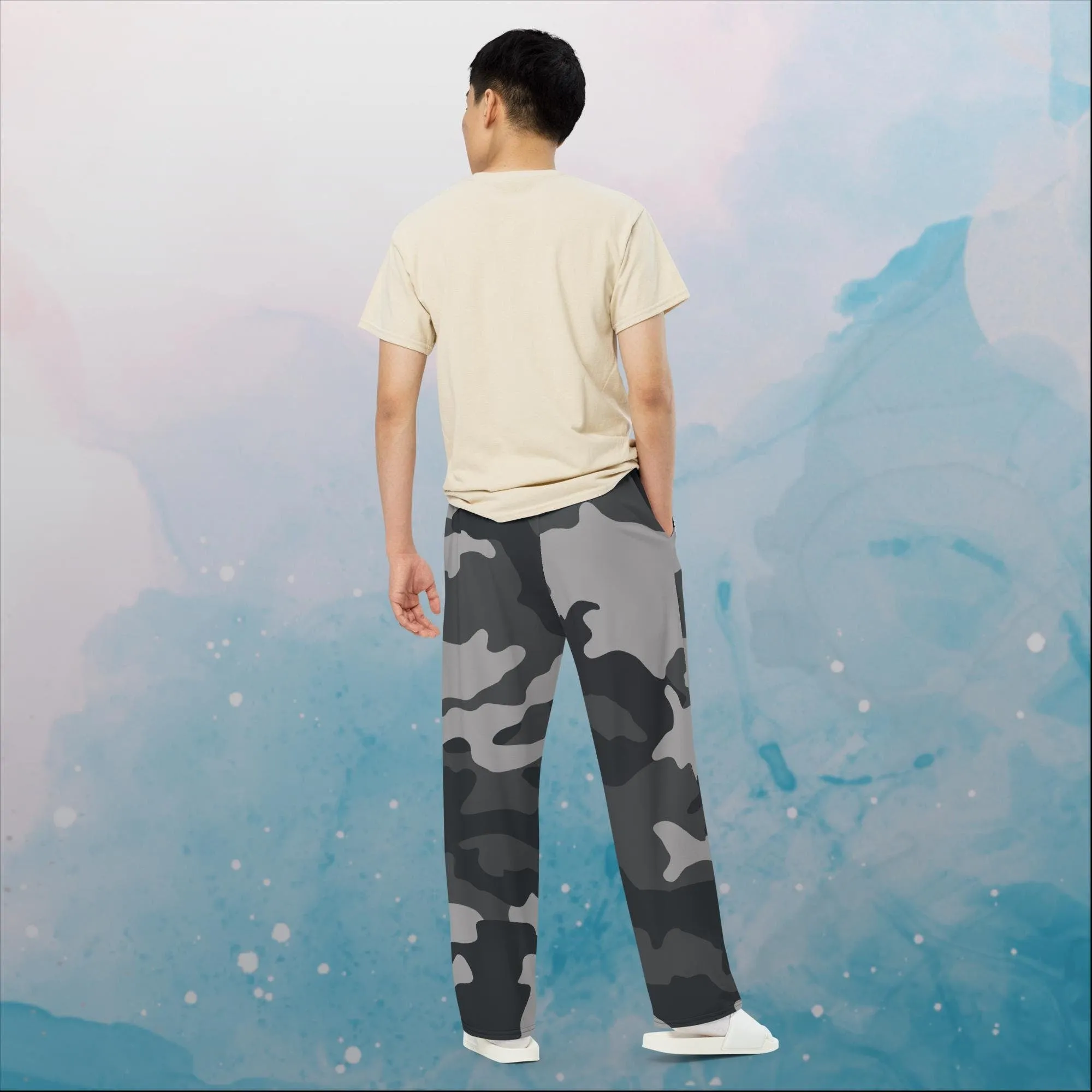 Black and Grey Camo Print Unisex Wide Leg Pants