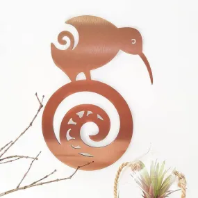 Brushed Copper Kiwi Bird on Koru Wall Art