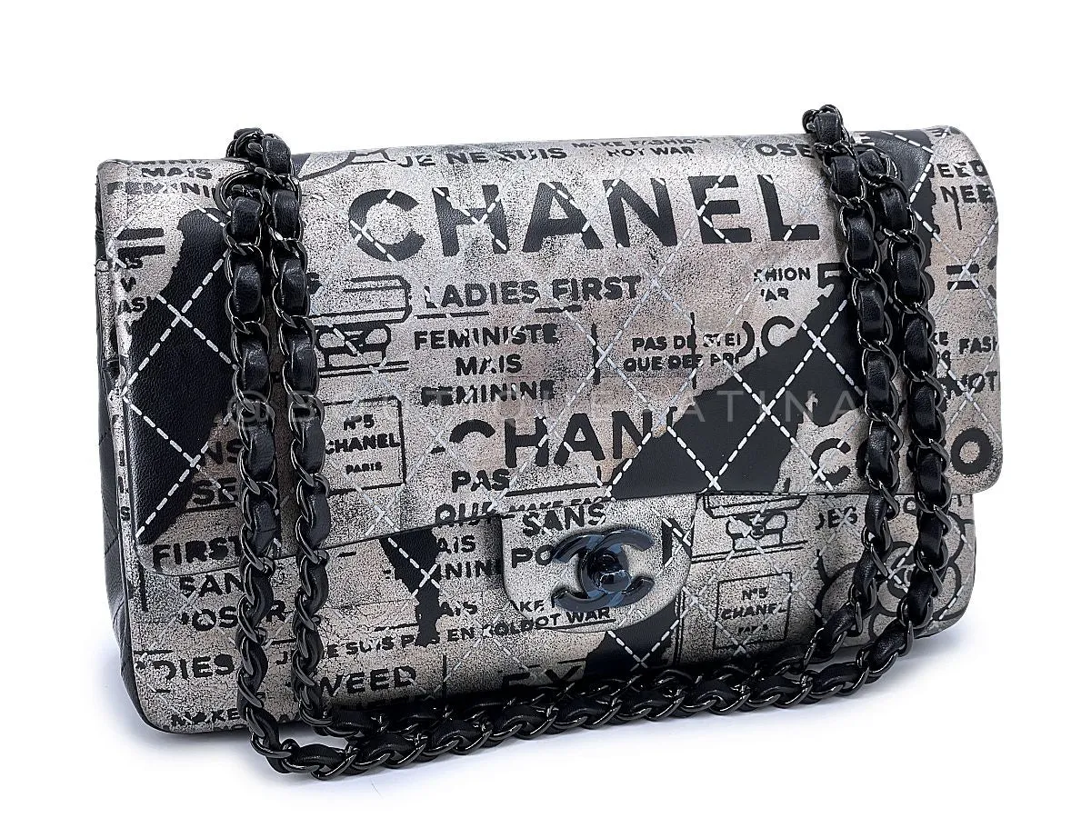 Chanel 2015 Graffiti Newspaper Medium Classic Double Flap Bag So Black XW0