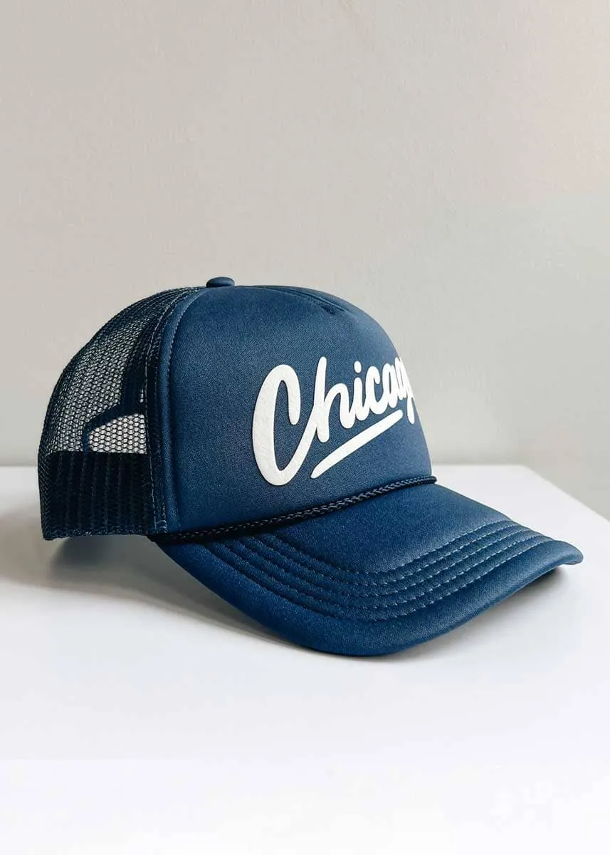 Chicago Script Trucker Hat - Navy