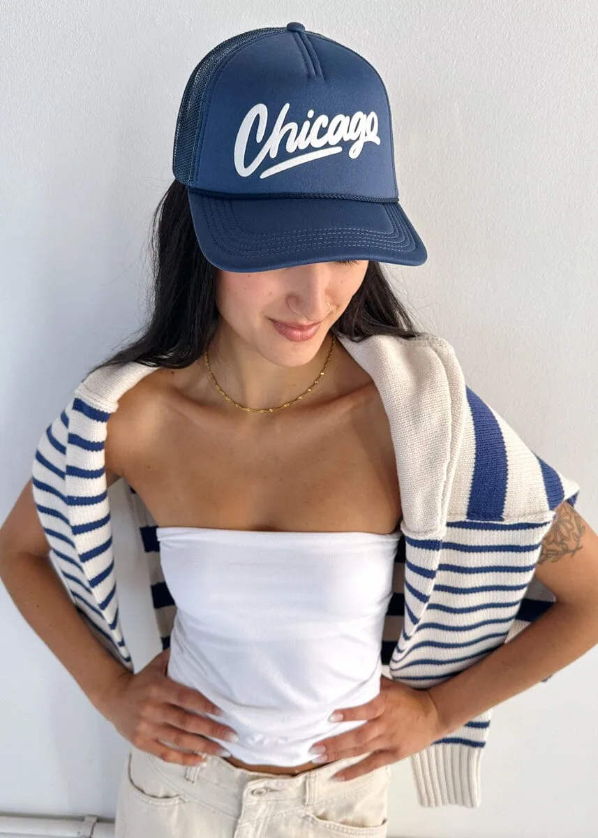 Chicago Script Trucker Hat - Navy