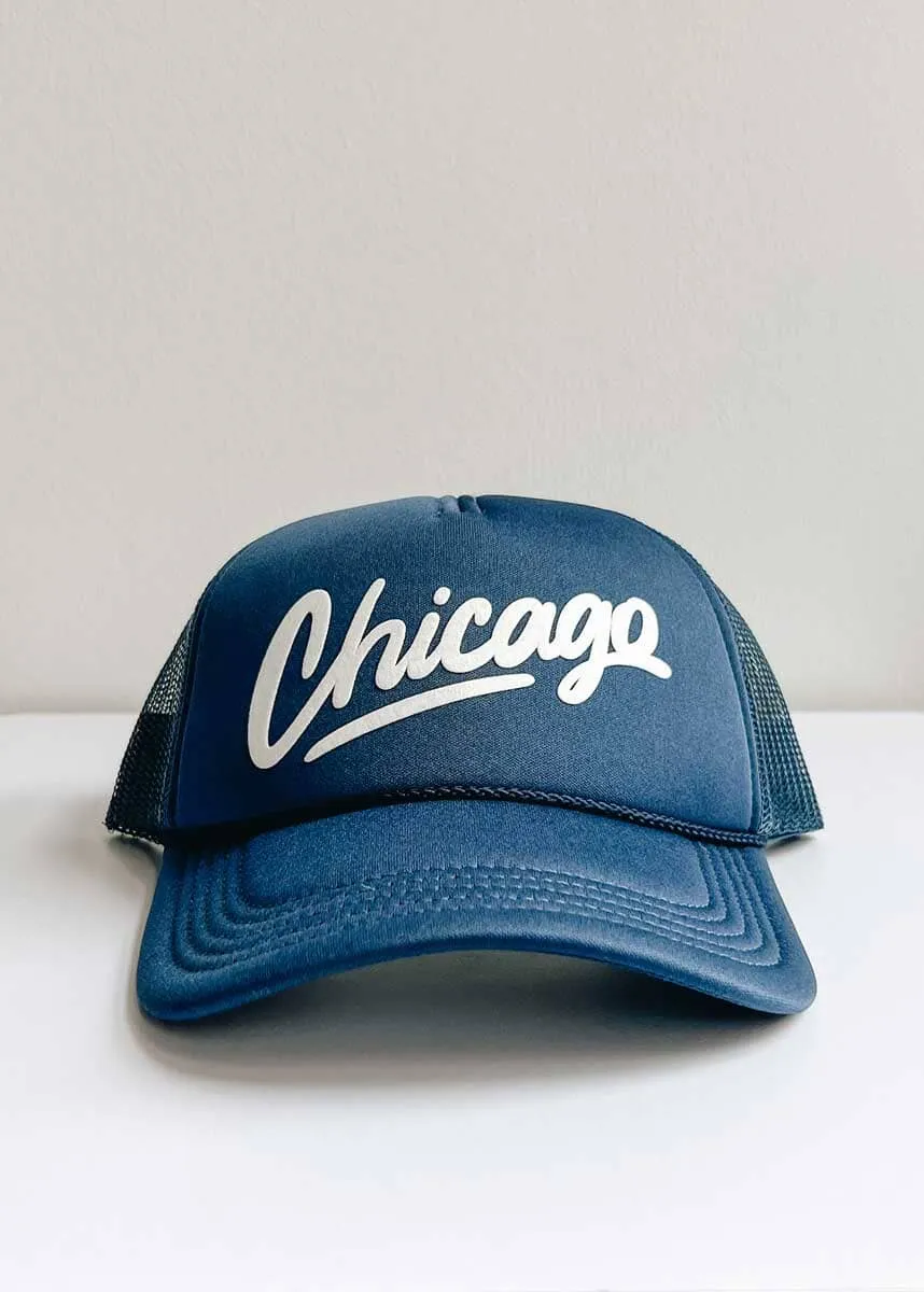 Chicago Script Trucker Hat - Navy