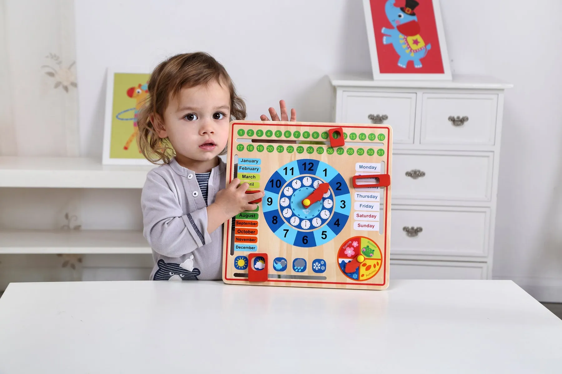 Childs learn the calendar and clock time playset with adjustable tabs and settings learning tool