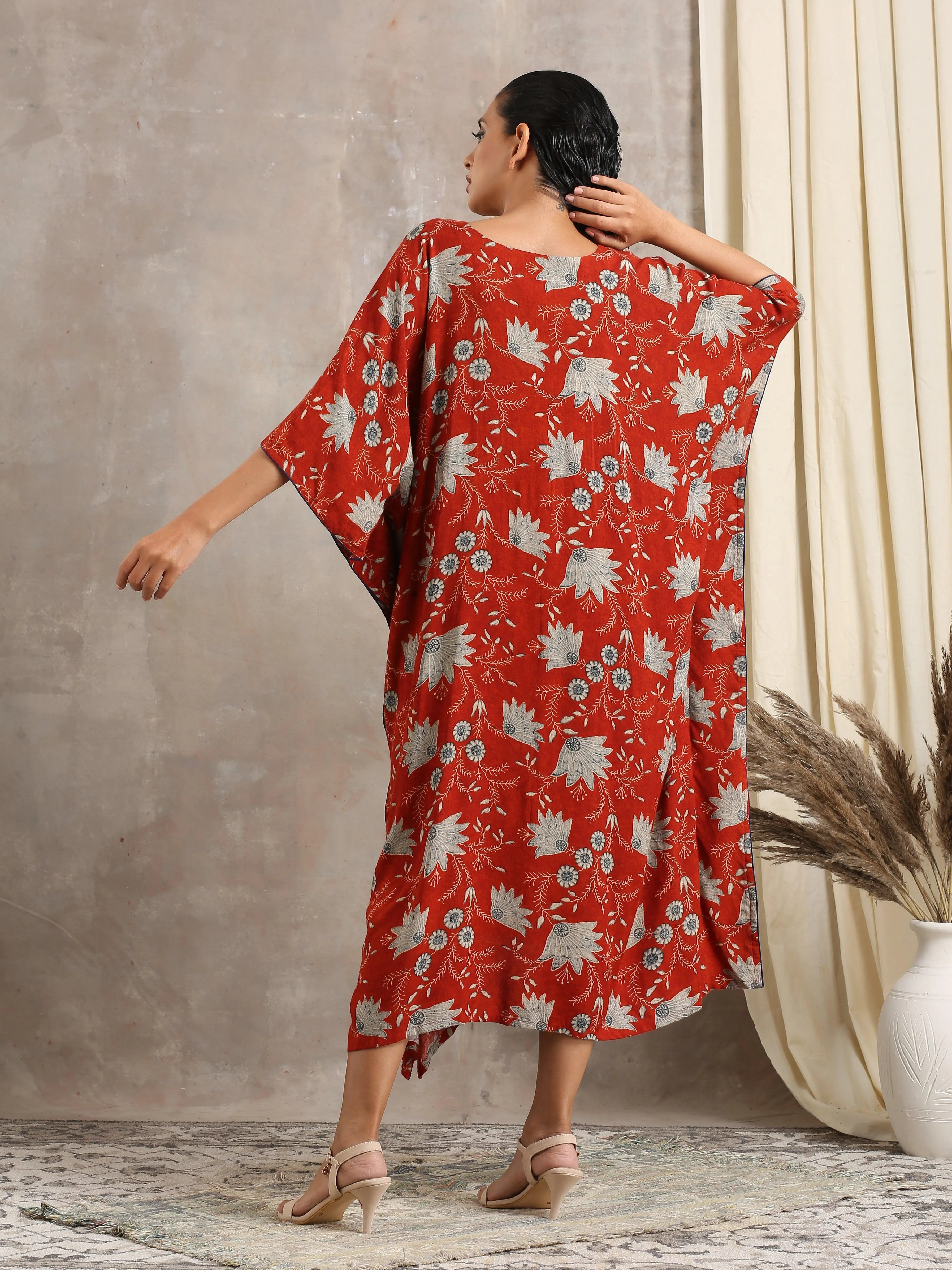 Cotton Rust Brown Floral Printed Kaftan