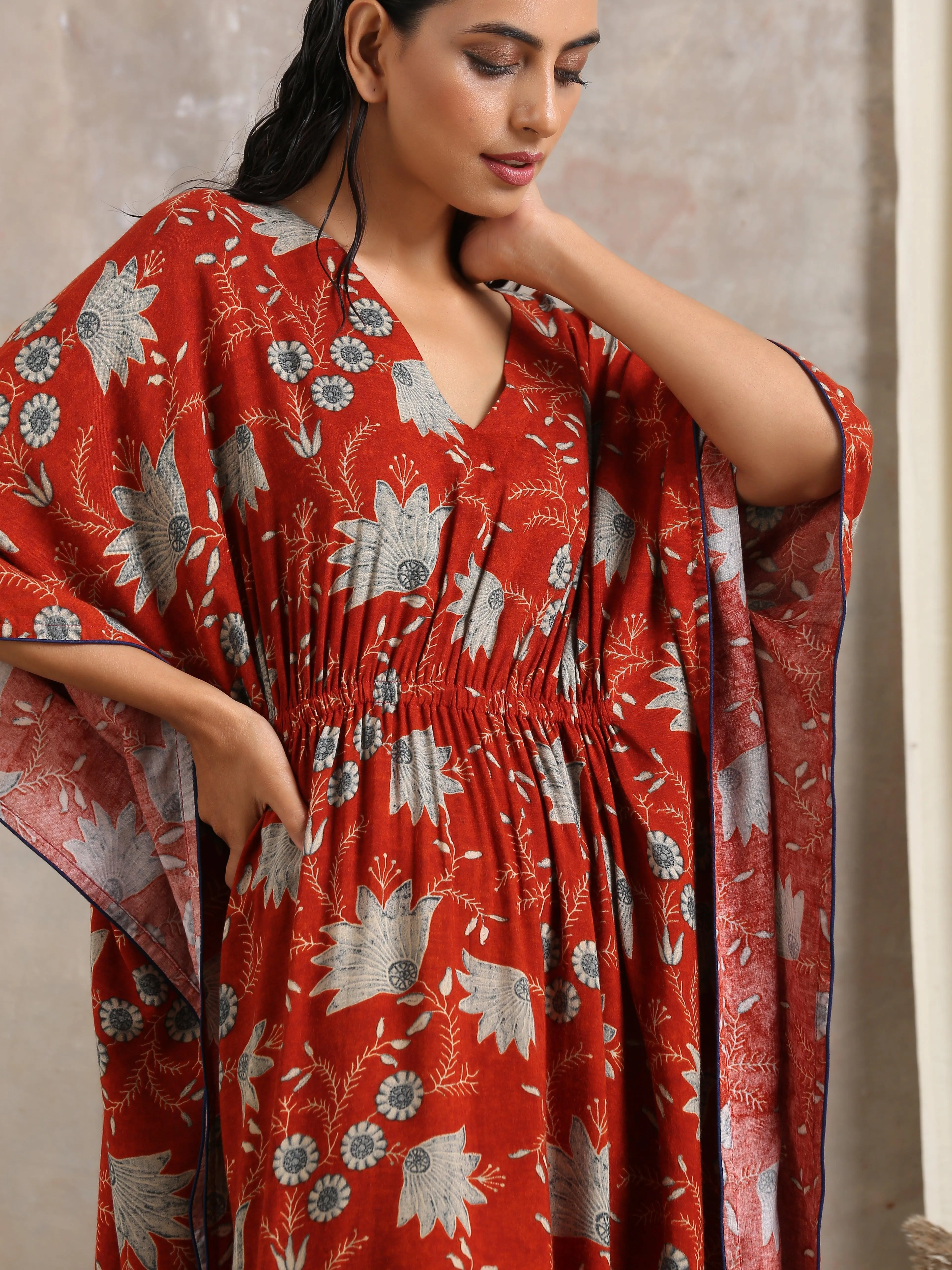 Cotton Rust Brown Floral Printed Kaftan