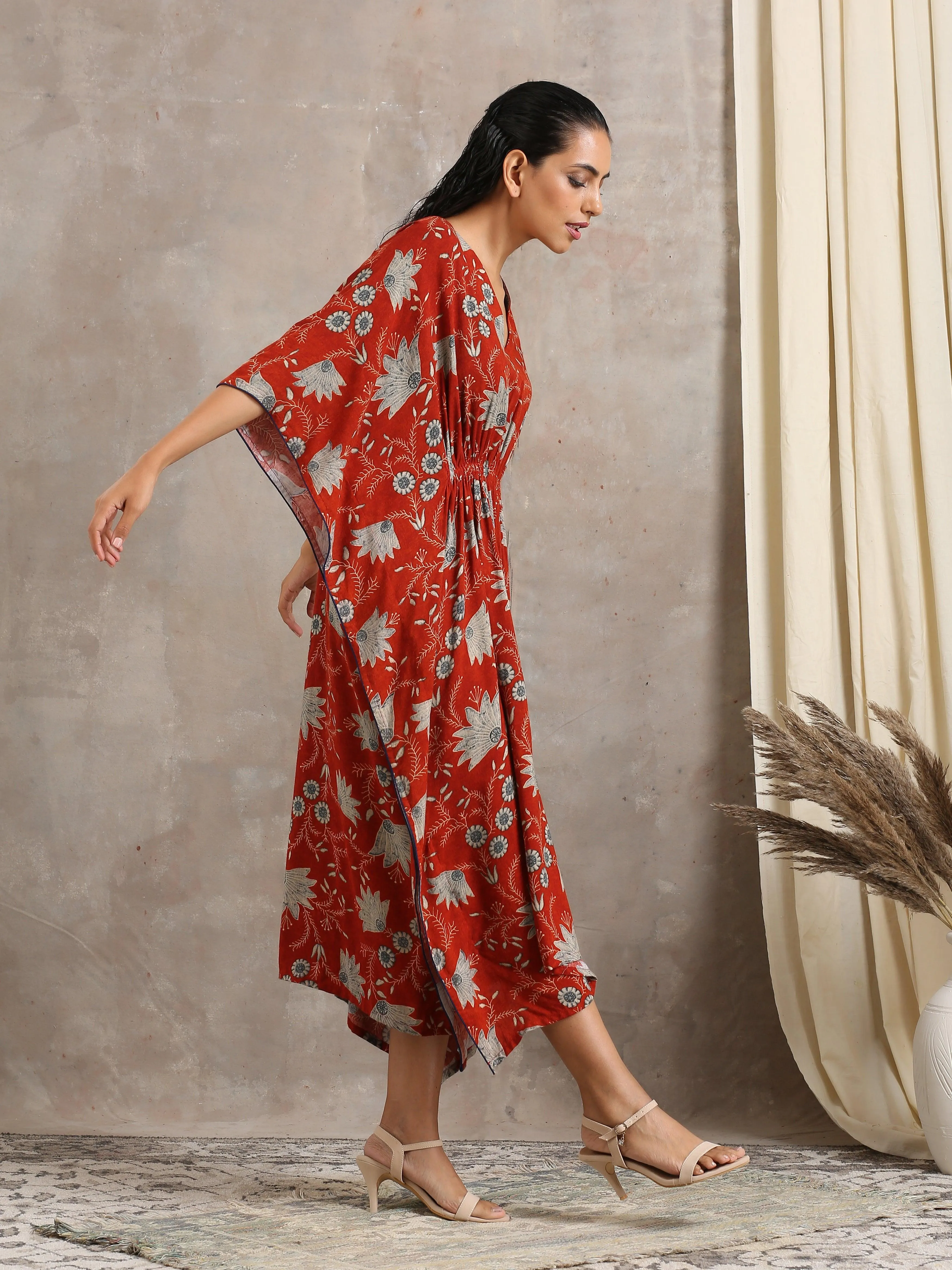 Cotton Rust Brown Floral Printed Kaftan