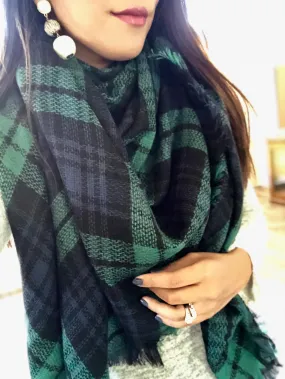 Crewe Hunter Green and Navy Blue Plaid Blanket Scarf