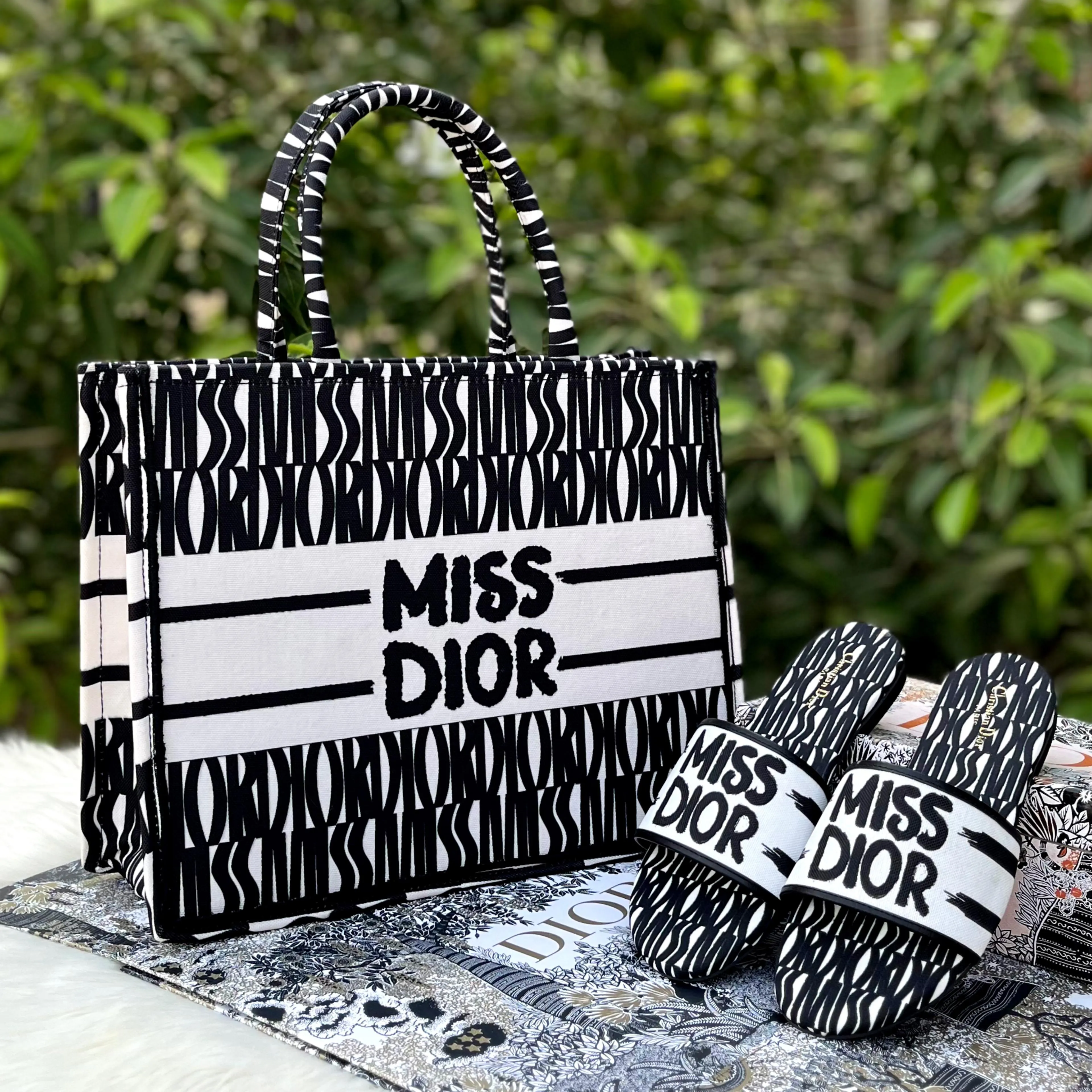 Dior-Inspired Book Tote with Miss Dior Graffiti (Black)