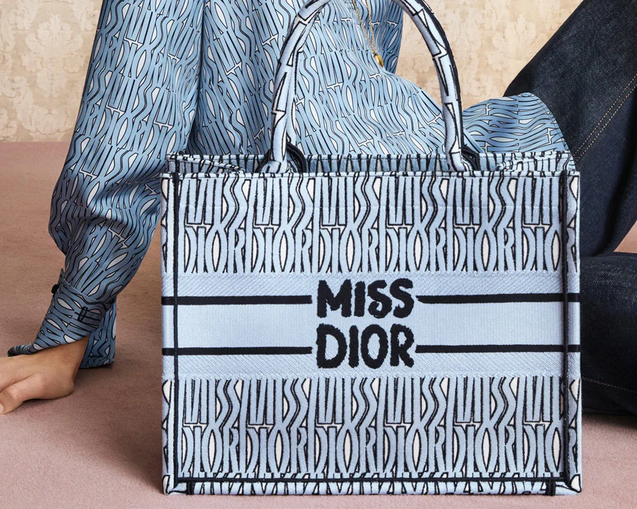 Dior-Inspired Book Tote with Miss Dior Graffiti (Blue)