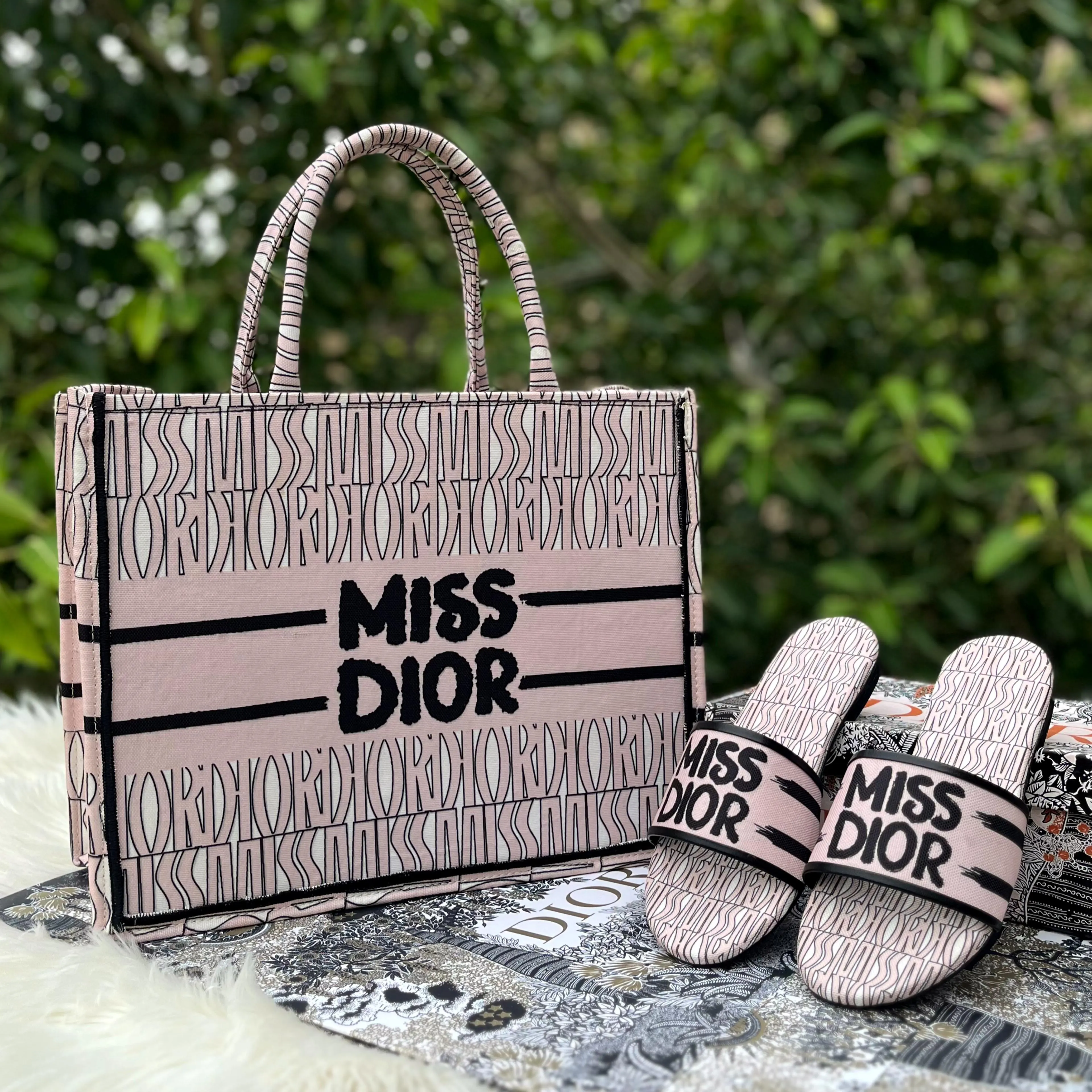 Dior-Inspired Book Tote with Miss Dior Graffiti (Pale Pink)