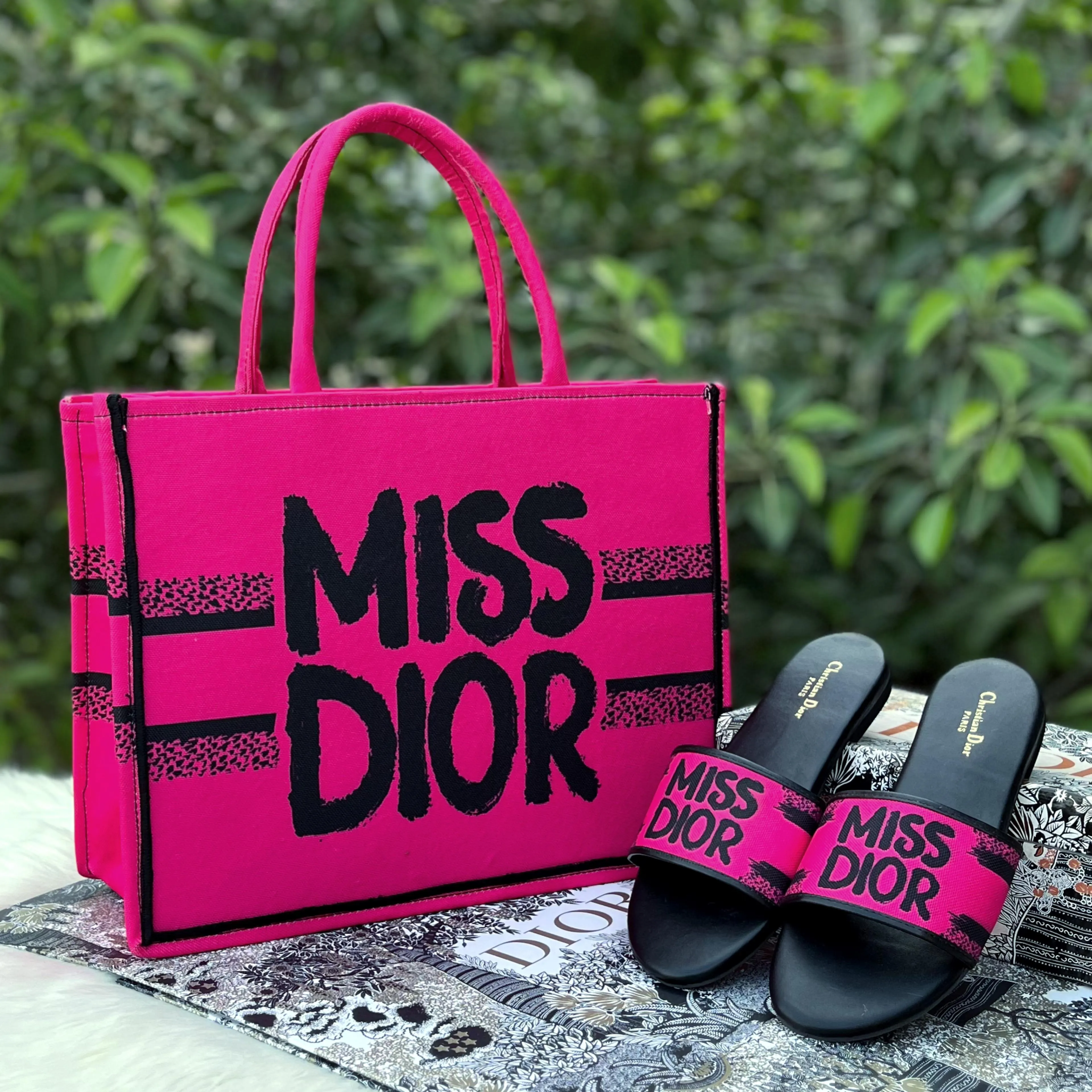 Dior-Inspired Book Tote with Miss Dior Graffiti (Pink-1)