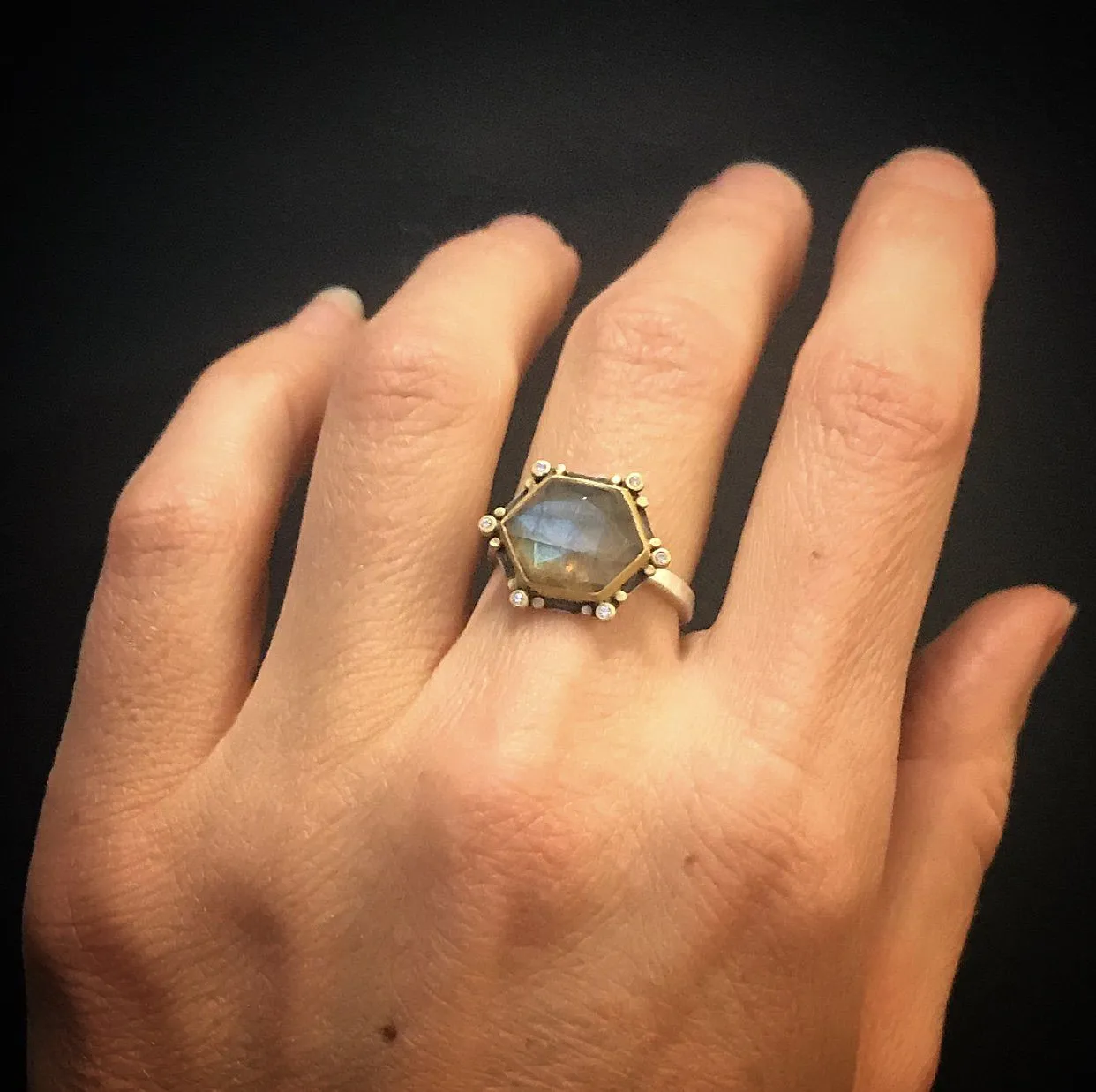 Geometric Labradorite Ring with Diamonds