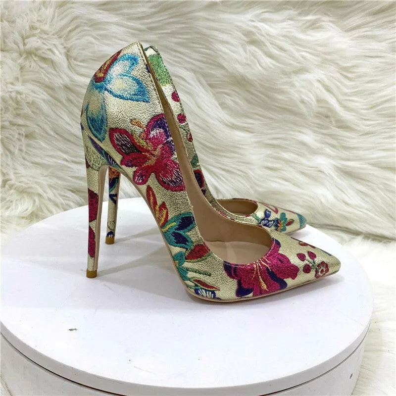 Gold Embroidered Floral High Heel Shoes with Butterfly Design