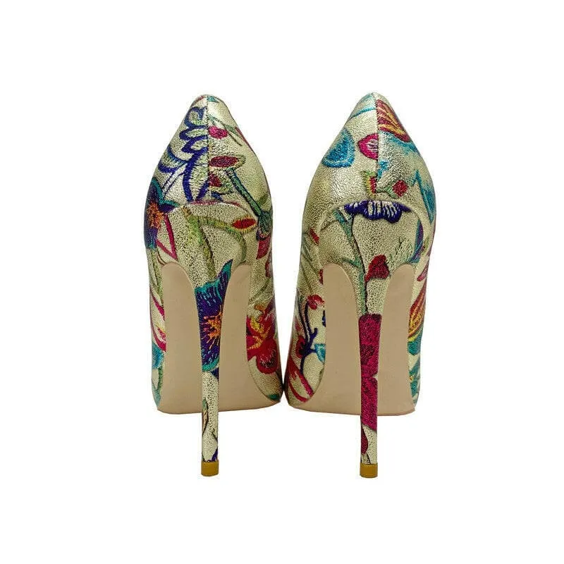 Gold Embroidered Floral High Heel Shoes with Butterfly Design