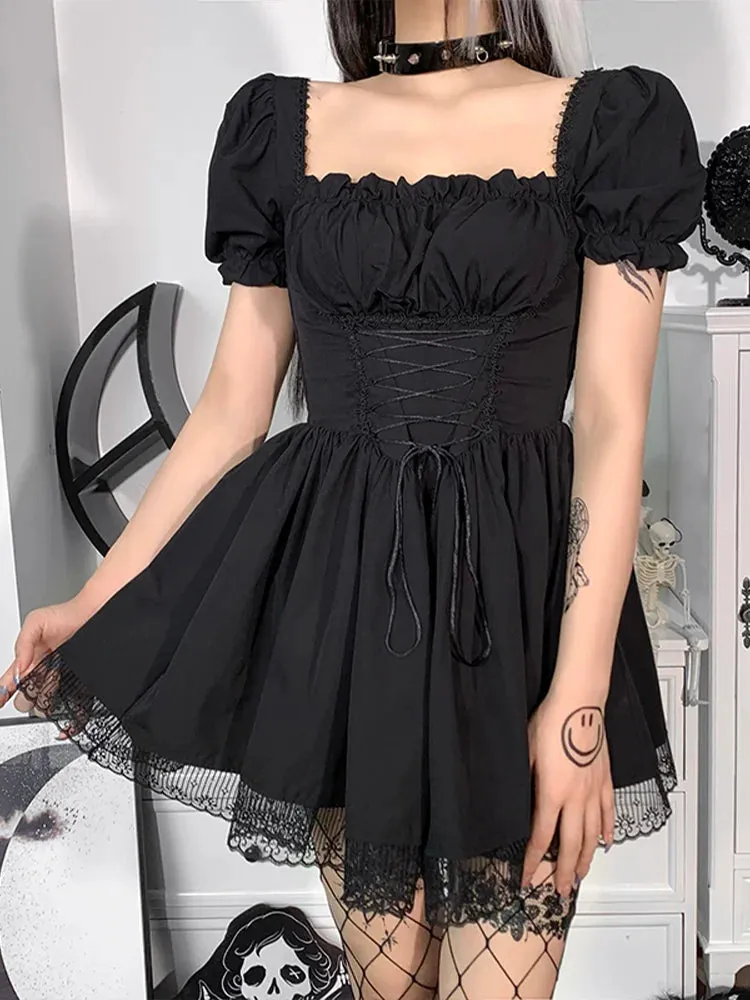 Gothic Sexy Black Y2K Harajuku Vintage Lolita Backless Mini Women Aesthetic Punk High Waist Party Dress