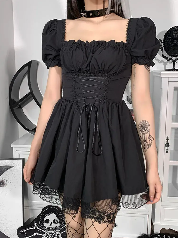 Gothic Sexy Black Y2K Harajuku Vintage Lolita Backless Mini Women Aesthetic Punk High Waist Party Dress